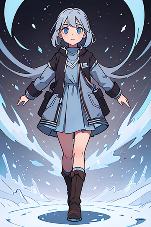 12 year old girl. medium length silver hair. blue eyes. wearing a pale blue dress . wearing brown winter boots. wearing grey pants. standing straight. arms at the side. facing forward.whole body can be seen. cosmic background.