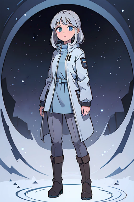 12 year old girl. medium length silver hair. blue eyes. wearing a pale blue dress . wearing brown winter boots. wearing grey pants. standing straight. arms at the side. facing forward.whole body can be seen. cosmic background.