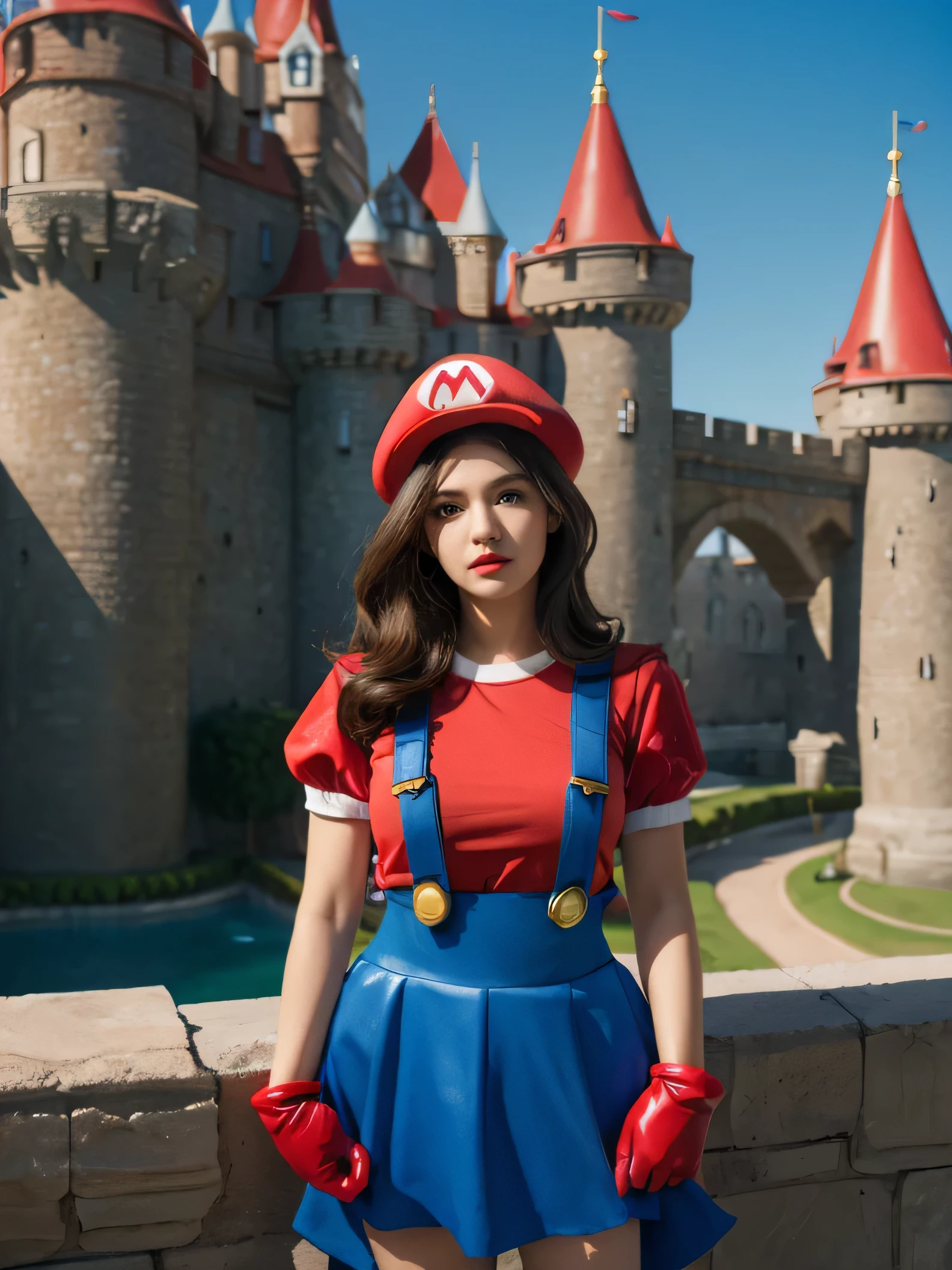 super mario castle background, Super Mario wearing a skirt, Woman wearing Super Mario costume, red gloves on hands