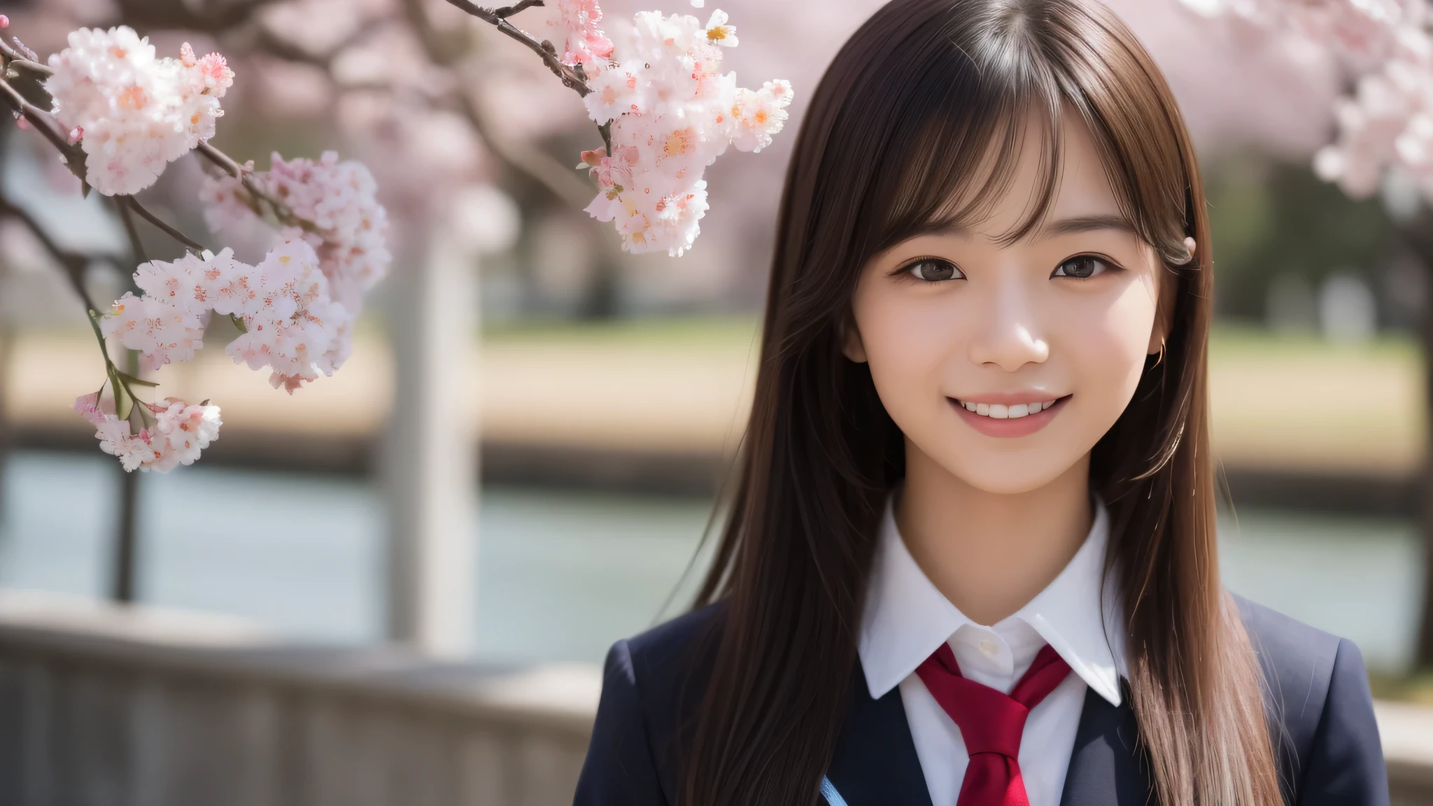 (1girl), (smiling and feeling happy, the best smile), (young face:1.2), (Best Quality:1.4), (Ultra-detailed), (extremely detailed beautiful face), Amazing face and eyes, brown eyes, (highly detailed Beautiful face), (high school uniform:1.2), (extremely detailed CG unified 8k wallpaper), Highly detailed, High-definition raw color photos, Professional Photography, Realistic portrait, Extremely high resolution, Cherry blossom trees, (rainy day, cloudy),