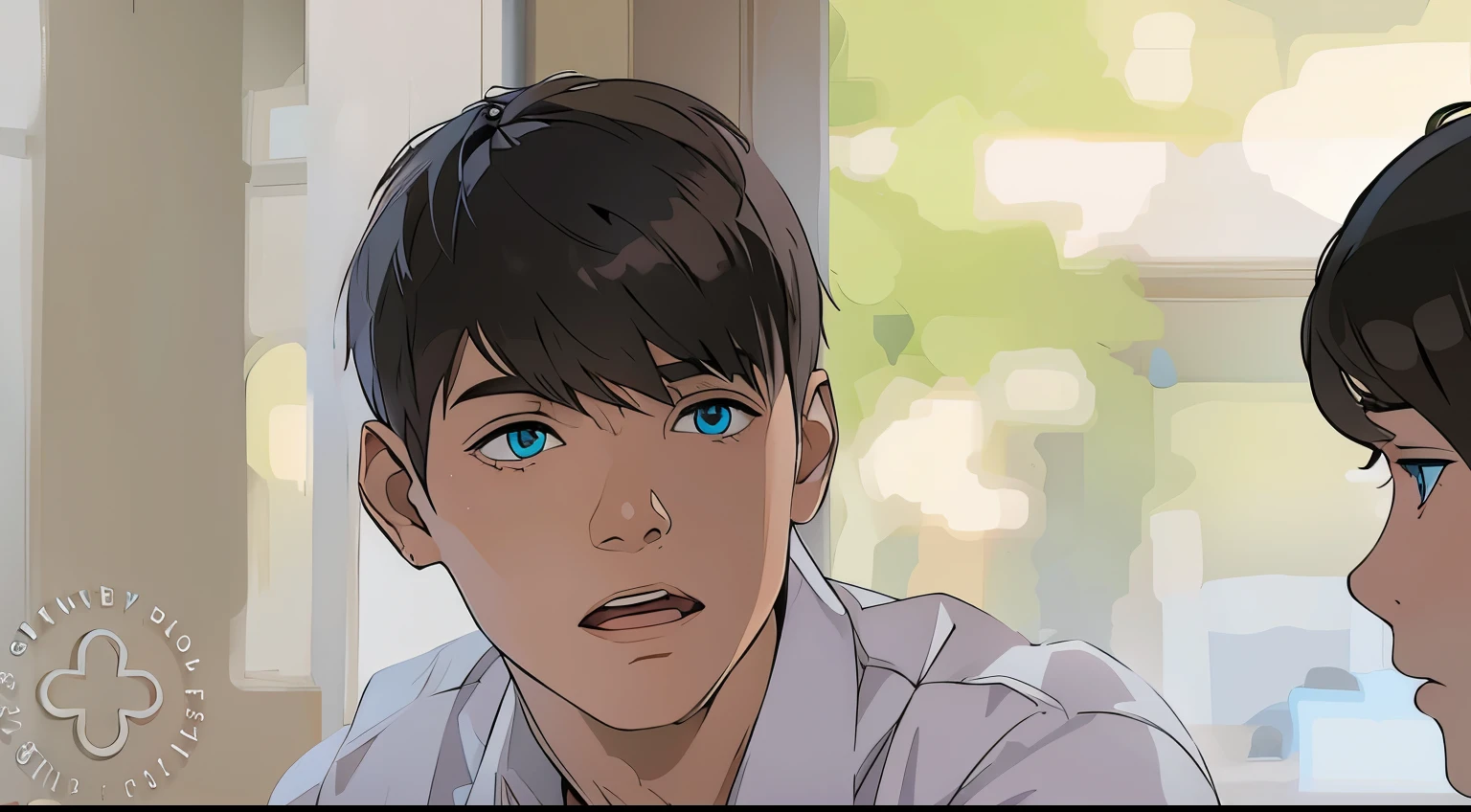hay un lindo chico con cabello de color plateado ojos azules esta penstivo algo preocupado escuchando a alguien