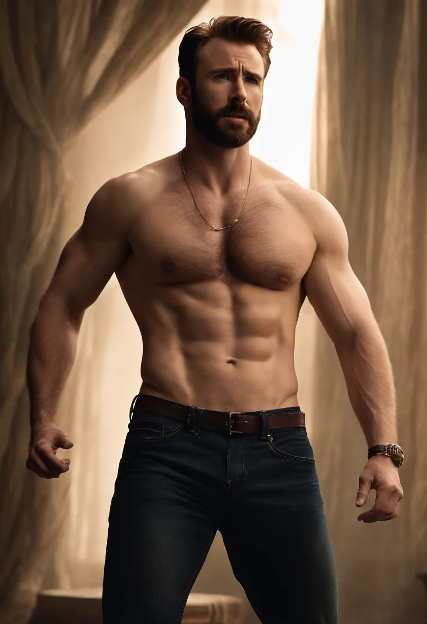 Chris Evans wearing a crop top. His happy trail around his belly button is showing and his pants are pulled slightly down revealing a hairy fat bush below. Realistic and realism. Lifting arm showing veins and armpit.