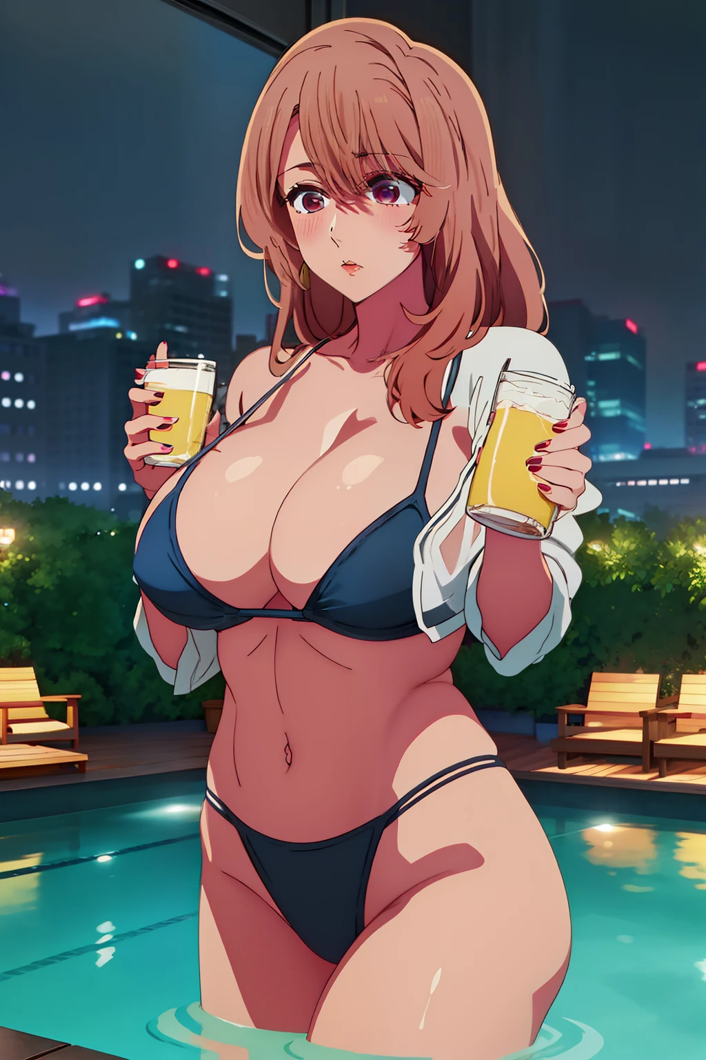 best image quality, highest quality, perfect anatomy, High resolution, Super detailed, 8k wallpaper, textured, detailed, Individuality,(bikini:1),(blush),(gigantic breasts),mature female,(night scene,pool,water)