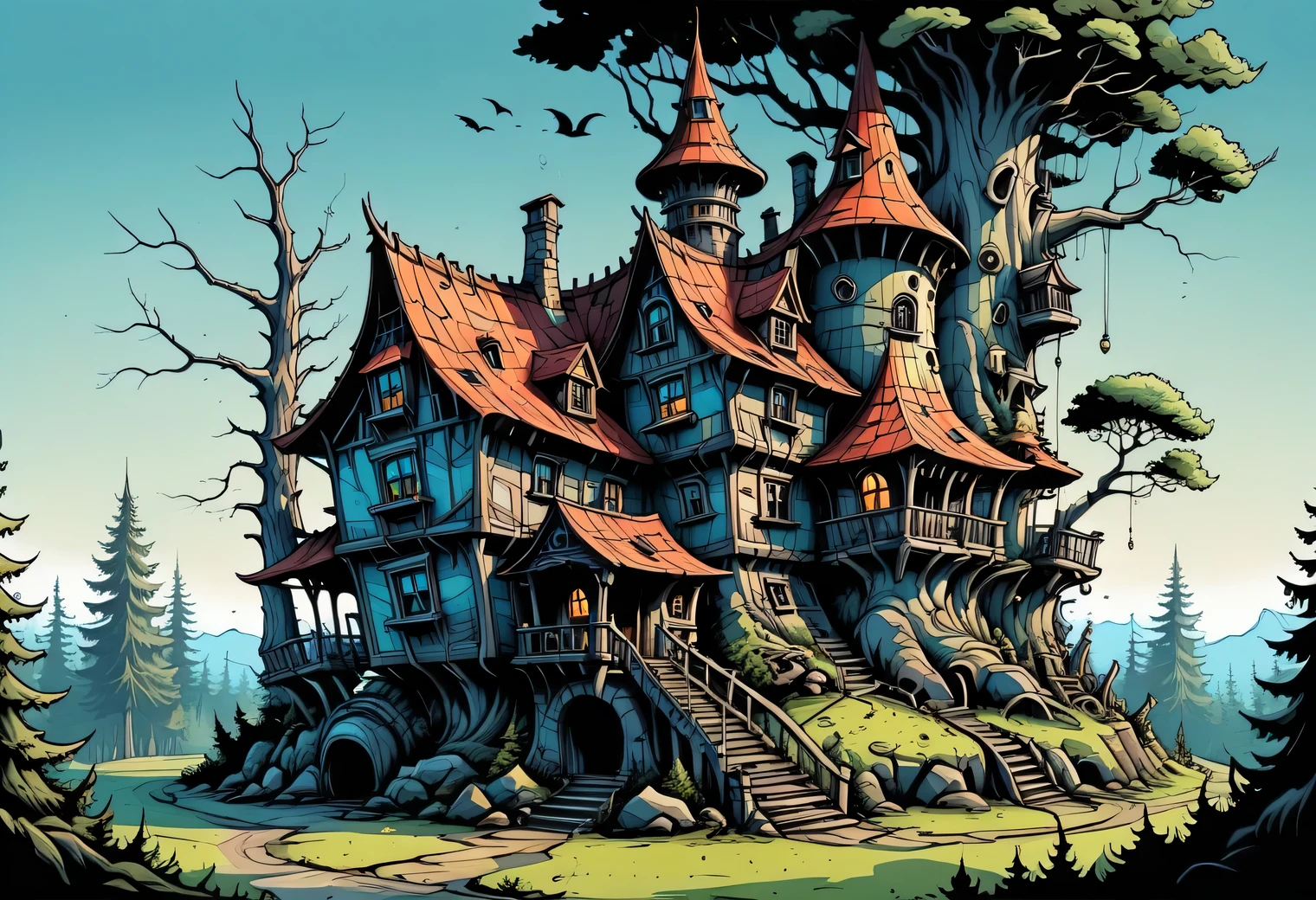 Aesthetics of vector art, surreal image of a strange house with a tower similar to a large forest troll with gnarled trees, vector art, high definition, clear contours, gradients