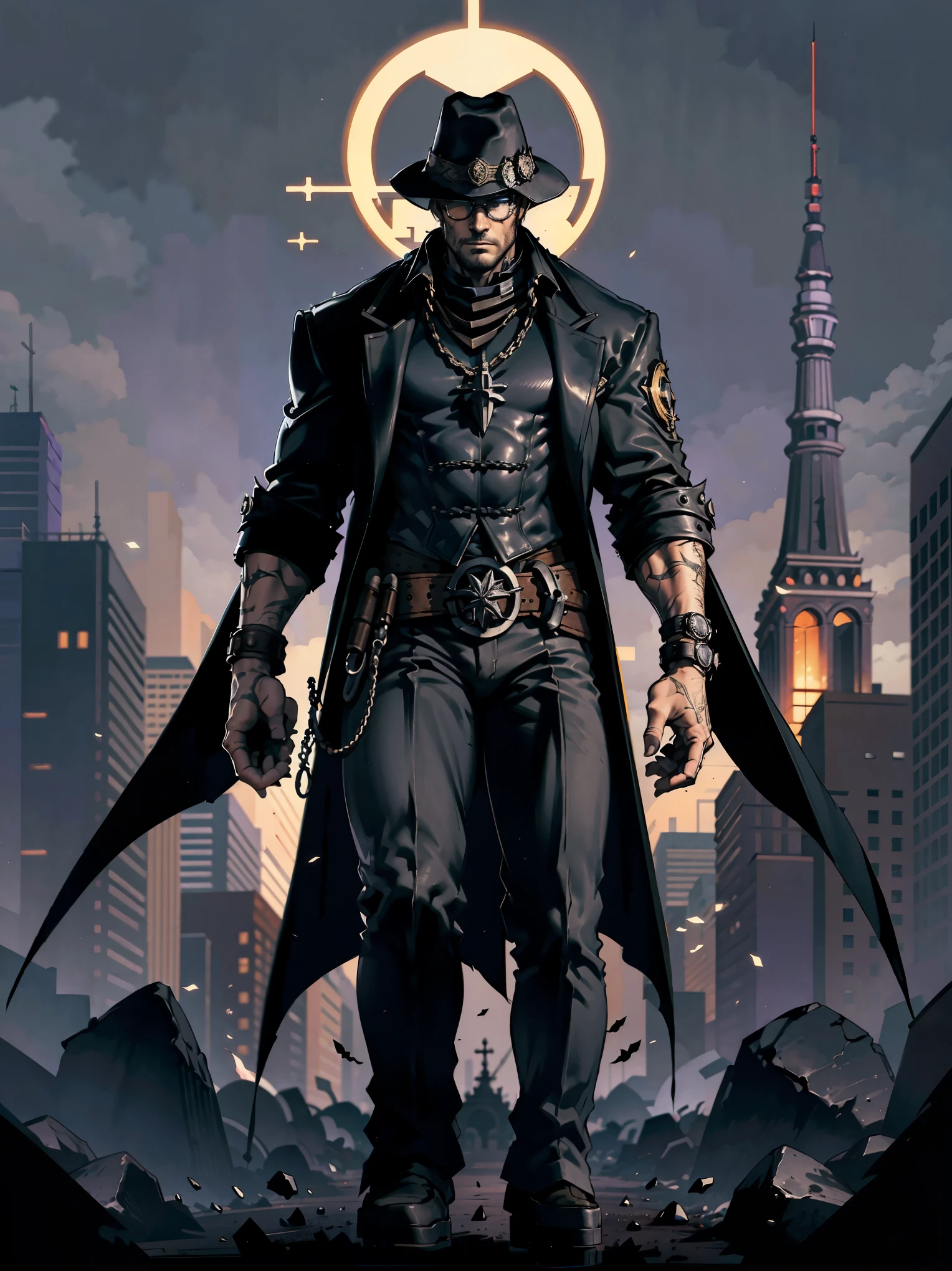 demon hunter, equipped with two pistols, with a large hat that partially covers his face, a masculine and battle-hardened man, wearing a long black trench coat, symbols of protection all over his body, purple glasses, pendants on his neck, rosary religious, ruthless and professional, work boots and an old watch in a pocket, in the background a city with a bell tower where the bells ring, dark atmosphere, 3d illustration, high quality, realistic and highly detailed,