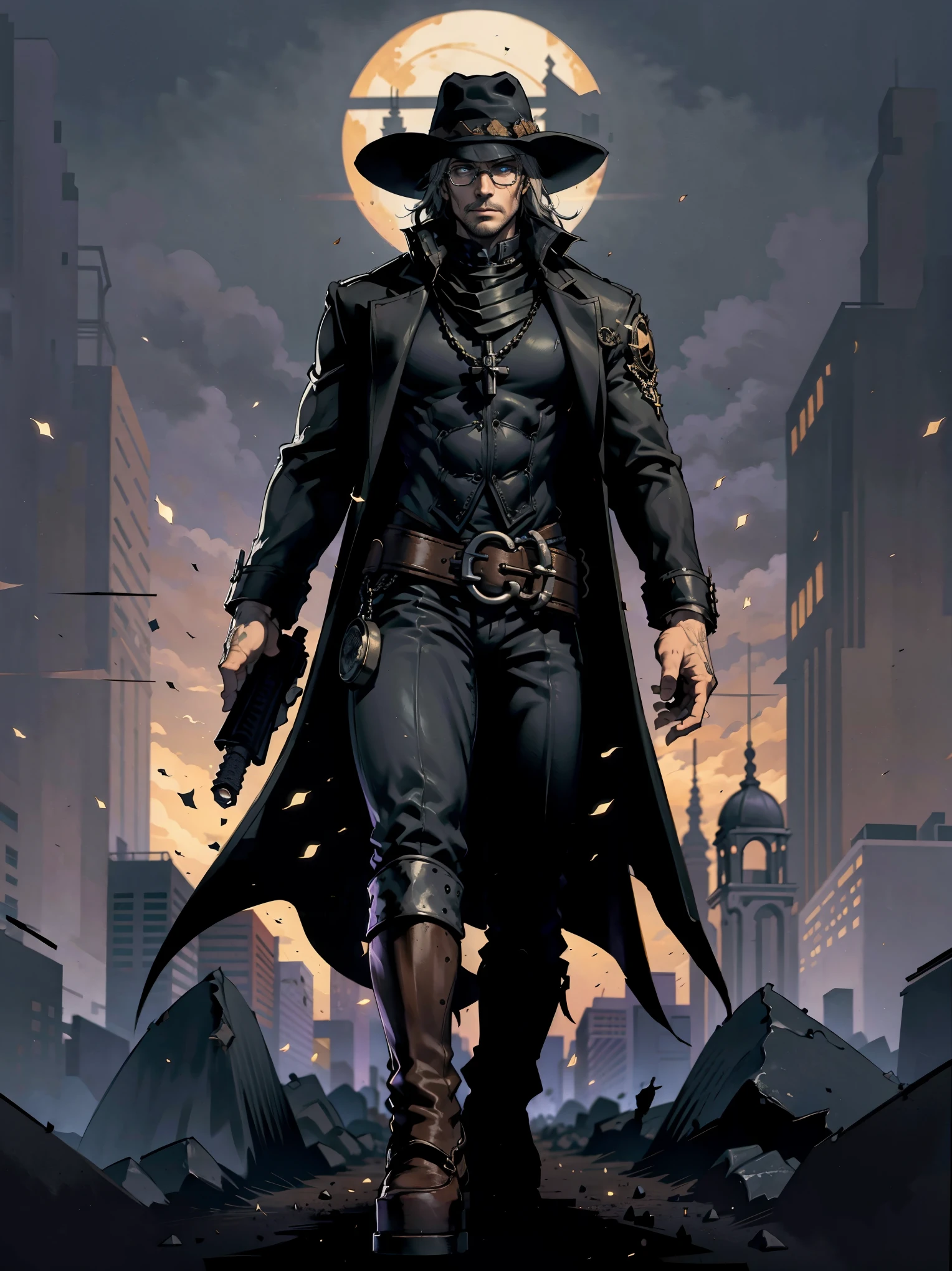 demon hunter, equipped with two pistols, with a large hat that partially covers his face, a masculine and battle-hardened man, wearing a long black trench coat, symbols of protection all over his body, purple glasses, pendants on his neck, rosary religious, ruthless and professional, work boots and an old watch in a pocket, in the background a city with a bell tower where the bells ring, dark atmosphere, 3d illustration, high quality, realistic and highly detailed,