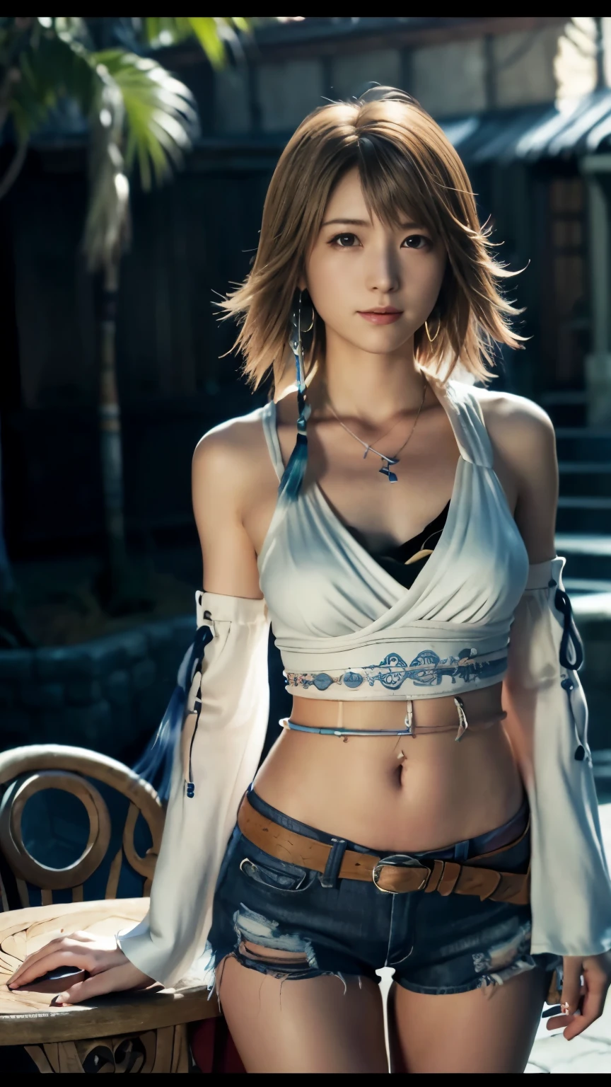 4k,1、denim bikini、table top, High resolution, Super detailed), 1 female, 28 years old, Final Fantasy Yuna x2, More mature, ((simple background)), Plain dark background, ((There is nothing in the background)), surreal, Yuna's Final Fantasy Costume, Yuna's original costume design in Final Fantasy X2, (((nffsw://www.Creative Uncut.。.。.。.。.and/Gallery-01/FF10 - 2 - Yuna 2.....html))), Denim shorts exposed to tatters, Features of asymmetrical clothing, belt on left hip, Optimal clothing simulation, not a necklace, 1 female, Windy nights, Yuna&#39;bob hairstyle, 大きなchest, cleavage, middle_chest, thick body, smile, lack of droopy sleeves,, close up shot, Photographed from the front, Zoomed in shot, Access HIPS image scope, smile with closed mouth, from head to waist, Characters looking at the camera, I&#39;I&#39;m watching you, YunaFFX, blue bead earrings