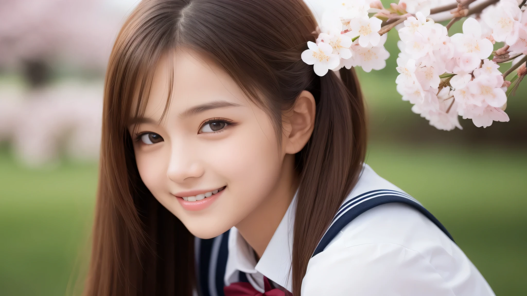 (1girl), (17yo), (young face:1.2), shy smile, (Best Quality:1.4), (Ultra-detailed), (extremely detailed beautiful face), Amazing face and eyes, (twintails), cute smile, brown eyes, (highly detailed Beautiful face), (high school uniform:1.2), (extremely detailed CG unified 8k wallpaper), Highly detailed, High-definition raw color photos, Professional Photography, Realistic portrait, Extremely high resolution, cute smiling, cherry blossoms,