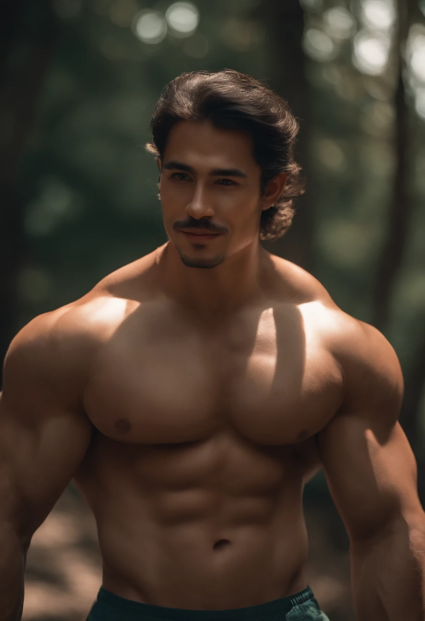 black hair, muscular naked, hairy chest, big penis, curved upwards dick, cute grin, Surrealism, drop shadow, anaglyph, stereogram, tachi-e, pov, atmospheric perspective, 8k, super detail, ccurate, best quality, showing hairy armpit, hairy chest, super realistic