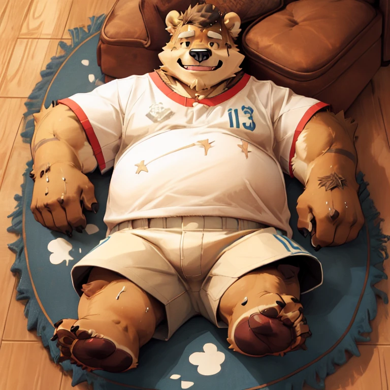 New Jersey 5 Hairy, Bear,full body portrait, male,exquisite, chubby,thick arms,plush fur,front,floor,lie down,Red striped short-sleeved shirt,white shorts,sweating,Smile
