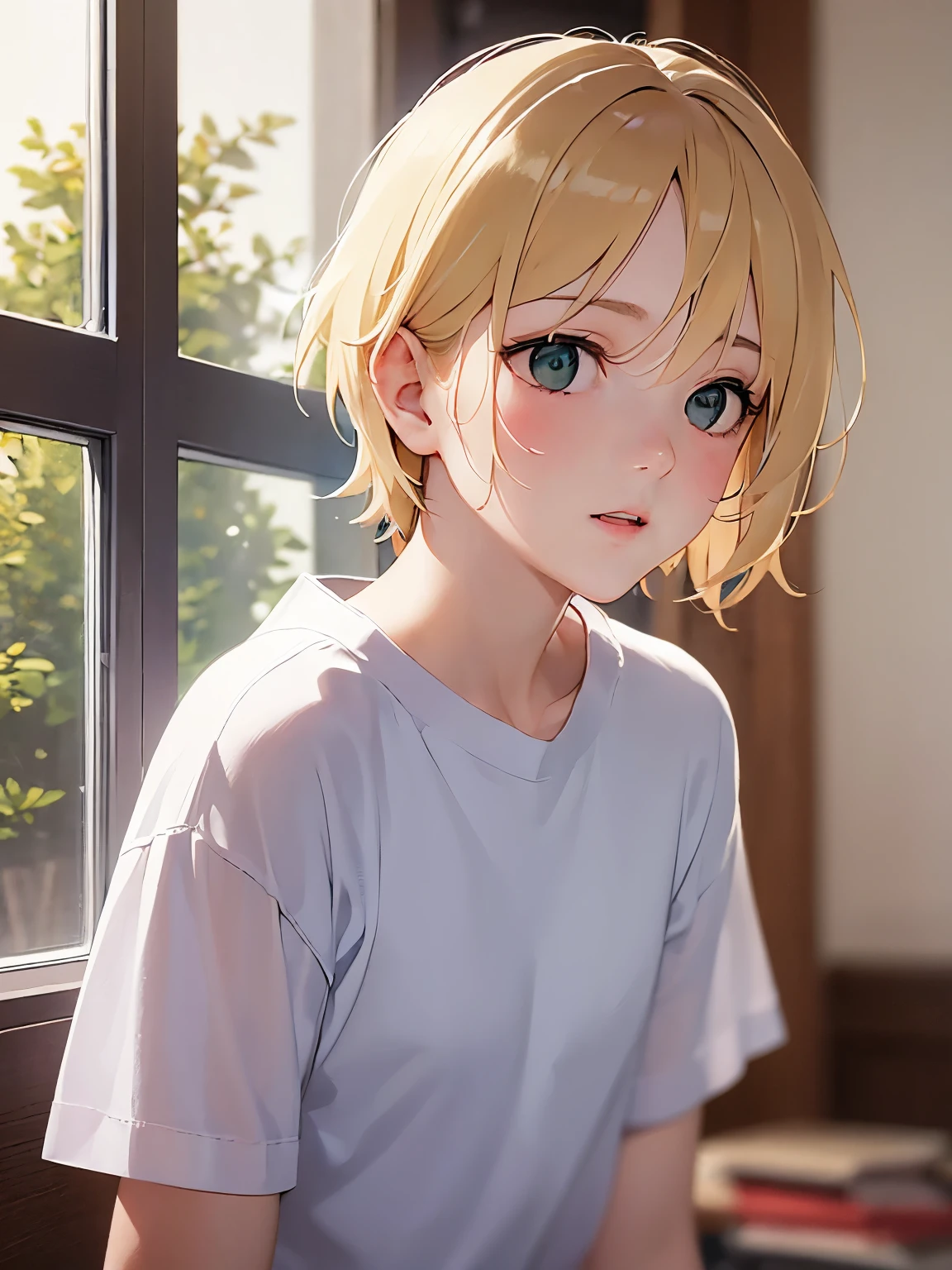 (looking away:2), side angle, cute, Upper Body, Realistic, real person, (pale skin: 1.2), RAW photo, photorealistic, portrait photography, shiny skin, japanese idol、shiny hair、japanese, (25 year old man with blonde bangs) and (green eyes) and (very short hair:1.5), wearing a white T-shirt、smiling with open mouth、The background is the living room、Alone