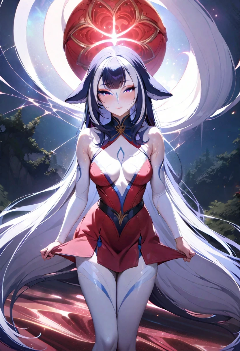 (((shylily))),(masterpiece, top quality, best quality, official art, beautiful and aesthetic:1.2), (1girl:1.3), (fractal art:1.3),absurd, masterpiece, best quality, realistic, hyper-detailed, (shiny skin, sweaty:1.4), looking at viewer, slender, 1girl, solo,  white sneakers, white miniskirt, straight long hair, princess cut, white hair, red eyes, (thick thighs:0.5), dynamic lighting, high resolution, sharp focus, depth of field, medium breasts, side boob, vampire,  masterpiece, best quality, ultra-detailed, illustration, ultra-detailed face, best quality face, evil, 18 years old, adult, 1girl, 18 years old, white hair, alchemy outfit, intricate detailed outfit, sexy pose, glowing red dress, cute, kawaii, digital art, finely detailed eyes, blushing, red cheeks