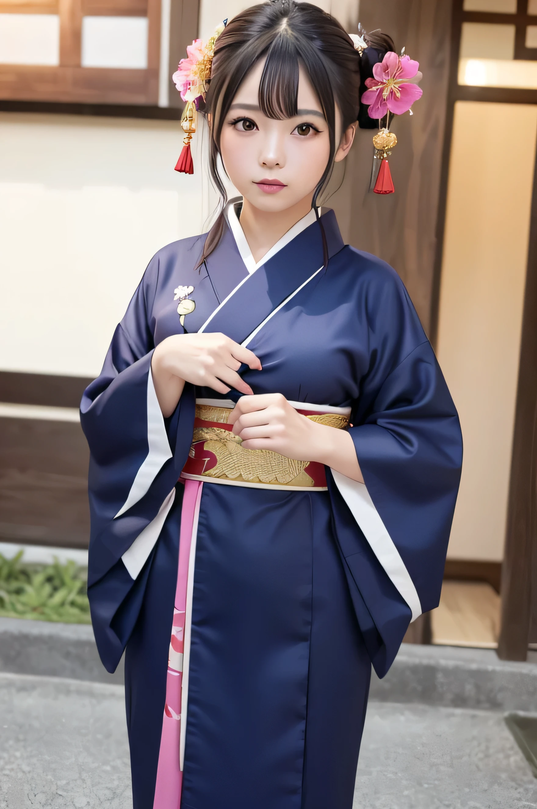 image quality high quality Beauty A woman wearing a kimono masterpiece、Highest quality、 shortcut Kyoto cityscape blush bangs oily skin beautiful skin Kyoto at night Wet eyes asian women movie street real adult beautiful Highest night ornate hair ornaments flashy kimono kimono flashy woman beautiful hair ornaments gal gold hair Oiran makeup five fingers