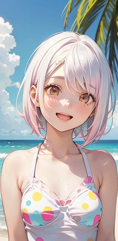 Realistic、1girl、(Open mouth　happy　smile：1.3),(cute face:1.5),(tareme:1.3),(white hair pink hair hair gradient hair:1.3),(yellow eyes)、()、(kind eyes:1.3)、(stand),(short hair),( portrait:1.3,face focus:1.3,upper body),(white polka dot swimsuit:1.3)、(small breasts),(midsummer beach:1.3)
