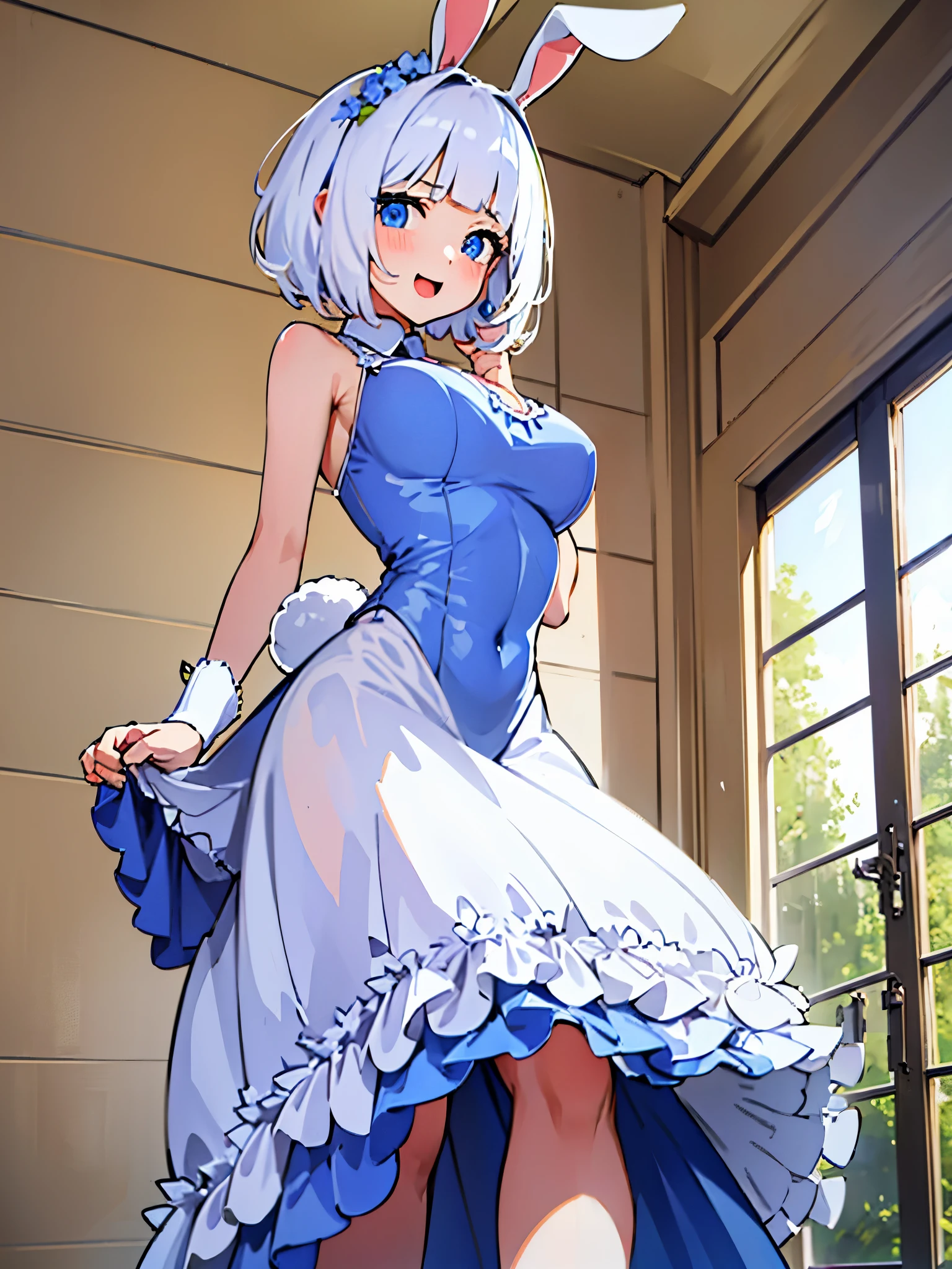 (masterpiece:1.3), (best quality:1.3), high resolution, couboy shot, leaning forward, body facing forward, (one cute girl:1.3), solo, white skin, big Breast, eight-headed person, light white hair, (bobbed hair:1.2), (short hair:1.1), (blunt bangs:1.2), beautiful hair, blue eyes, beautiful detailed eyes, open mouth, heart, cheerful smile, (rabbit ears:1.3), one piece dress, frill, white and blue clothes, miniskirt, earrings, indoors, bed, shadowlighting, approaching the object, contact with the object