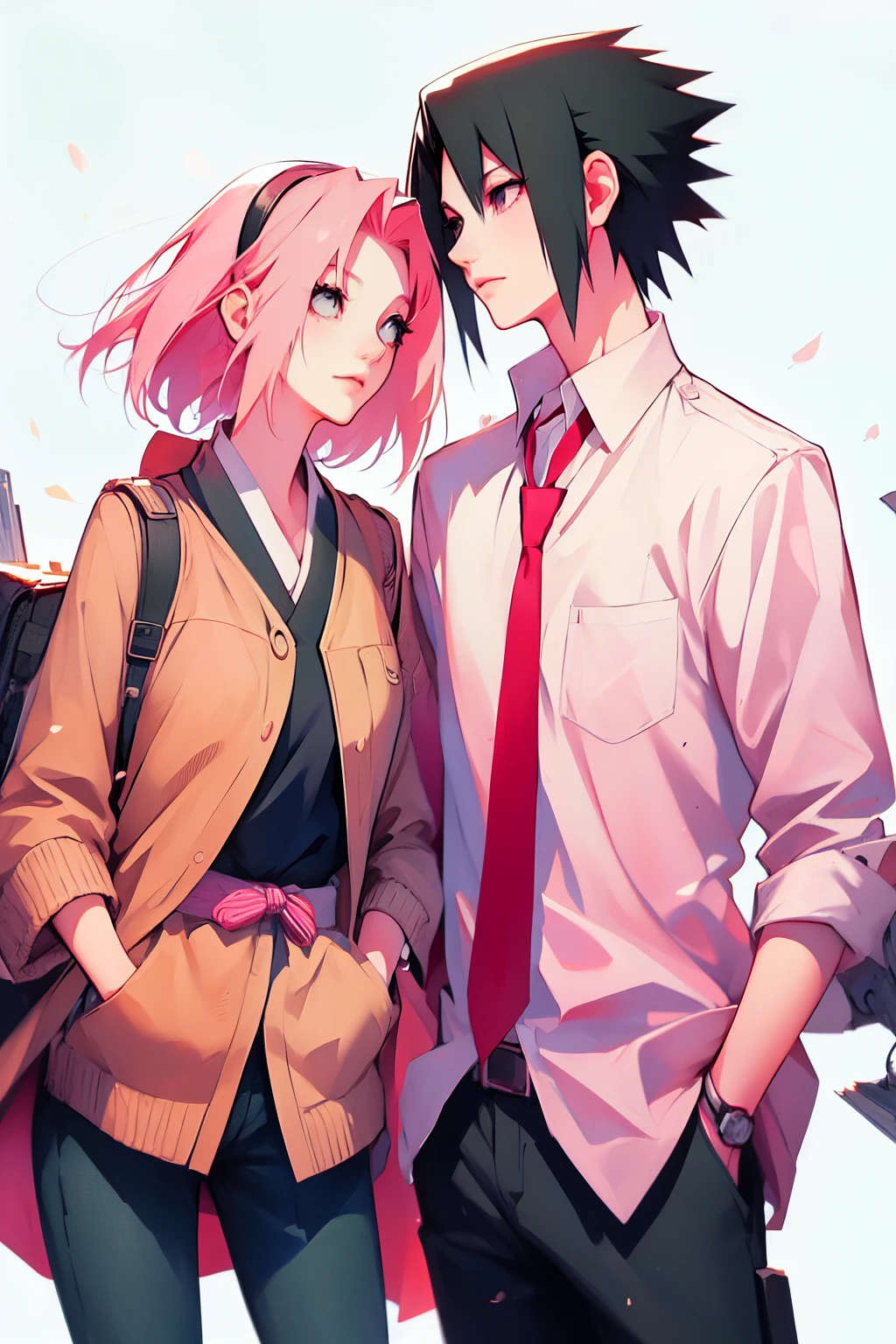 sasusaku. Sasuke Uchiha, a tall man with black hair, wearing a white blouse and jeans, is a high school student, hands in his pockets. Sakura, a thin woman with pink hair, she is after Sasuke, she is a rebel. best quality, adorable, ultra-detailed, illustration, complex, detailed, extremely detailed, detailed face, soft light, soft focus, perfect face, beautiful and accurate anatomy. looking at the viewer