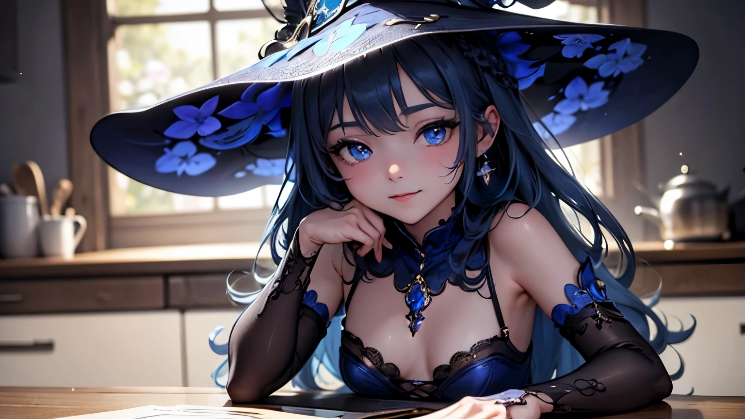 (masterpiece), perfect anatomy, intricate, (highly detailed), masterpiece, photorealistic, perfect anatomy, cooking, excited expression, smile, cinematic lighting, shading, super detailed skin, beautiful detailed eyes, best quality, ultra-detailed, alone, (illustration), ultra-detailed, looking at viewer, (extremely delicate eyes:1.3), (witch dress, (extremely detailed earrings:1.1), (embroidery:1.3), (blue hair:1.3), (long hair), spring time, indie aesthetic, sparkling, (classic kitchen background), dynamic pose, vibrant colour, shadow, contrast, refraction, perspective, depth, stunning details