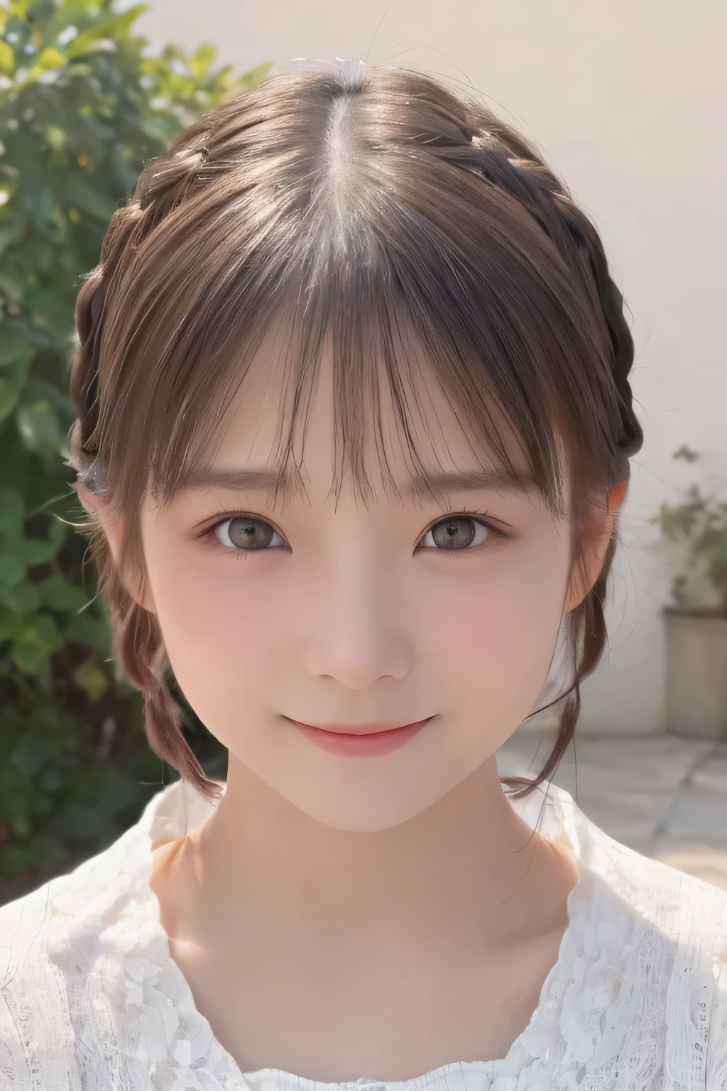 (8K、masterpiece, highest quality, High resolution,super resolution,Super detailed)、1 girl、(************)、round face、slim、(flat body:1.45)、cute、 (close up face shot:1.23)、fantasy 、French Braid、half smile