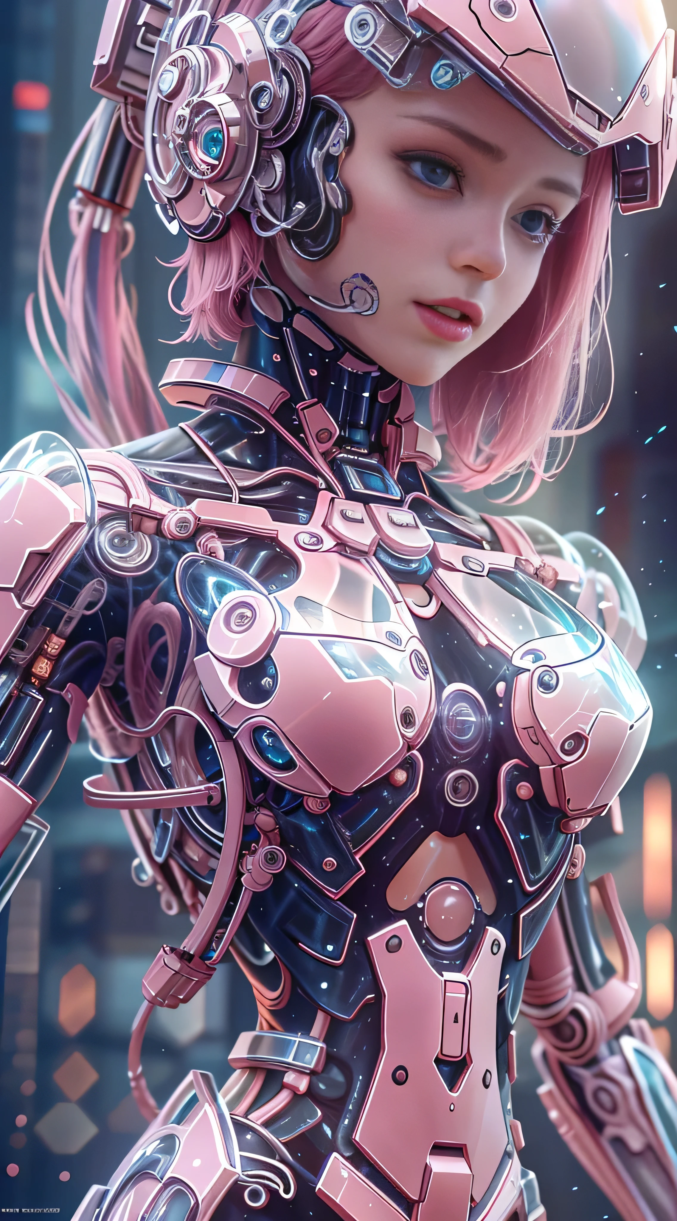 8k portrait of beautiful (cyborg) with pink hair, (Dua Lipa) , mecha musume scifi body suit, pauldrons, intricate, elegant, highly detailed, majestic, digital photography, art by artgerm and ruan jia and greg rutkowski surreal painting reflective, hairpin jewel, broken glass, (masterpiece, sidelighting, finely detailed beautiful eyes: 1.2), hdr,