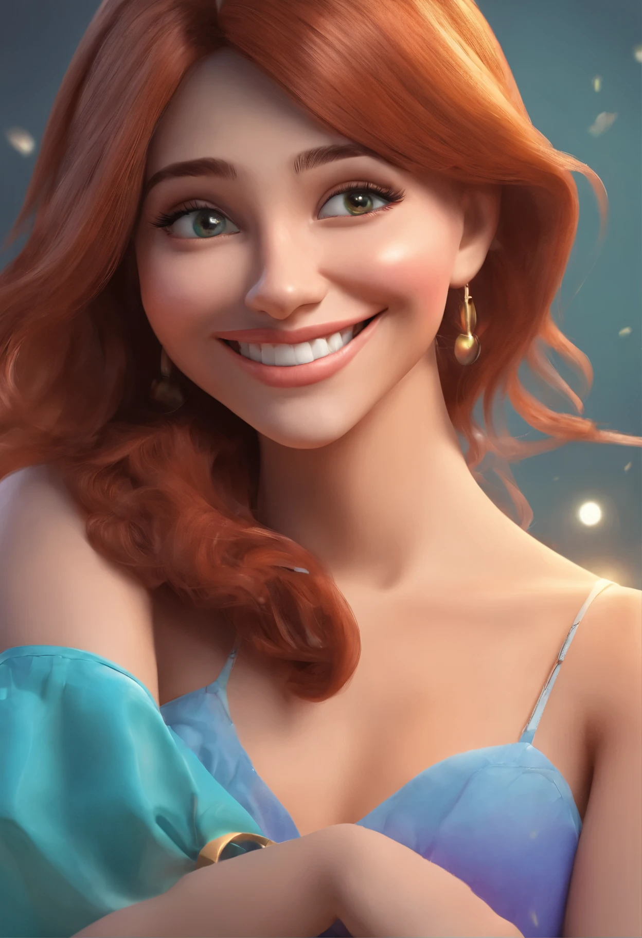Illustration of smiling woman, 42 anos, sorriso insano, Mulher de pele branca com um sorriso sincero, smiling happily at the camera, sorriso atrevido, sinal na bochecha esquerda pouco a baixo do olho, Cabelo longo, thin lens glasses, she is smiling, sorriso muito grande, Smiling female, foto de perfil headshot, rindo sorriso enorme, desenhando no estilo de Arte 3D, C4D, fundo de cor branco puro, estilo disney, estilo pixar render ilustracao Super Detalhe, 8k