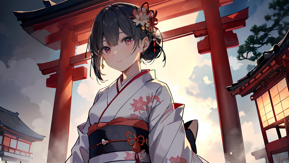 (7 year old girl:1.2),, (small breasts), (wide angle), (white lily flower), beautiful, Complex, Award, Cybernetic Enhancements, chiaroscuro, highest quality, detailed background, (misty atmosphere:1.2), (cloudy day),((木綿のkimonoを着た女の子:1.2)), 大きな木綿のkimono, 綿の質感のある大きなkimono, とても長いkimonoの袖, best wrinkles, real wrinkles, best shadow, (go through (foggy zen garden)), (Actual location), delicate and beautiful eyes, casual pose, detailed texture, take a pose, (anatomically correct body, detailed face, (非常に細かいテクスチャーの花柄のkimono), (black hair), hair with volume, hair ornaments, Komono, kimono, heart, outdoor, pagoda, petal, 青緑のkimono, sash, shrine, 