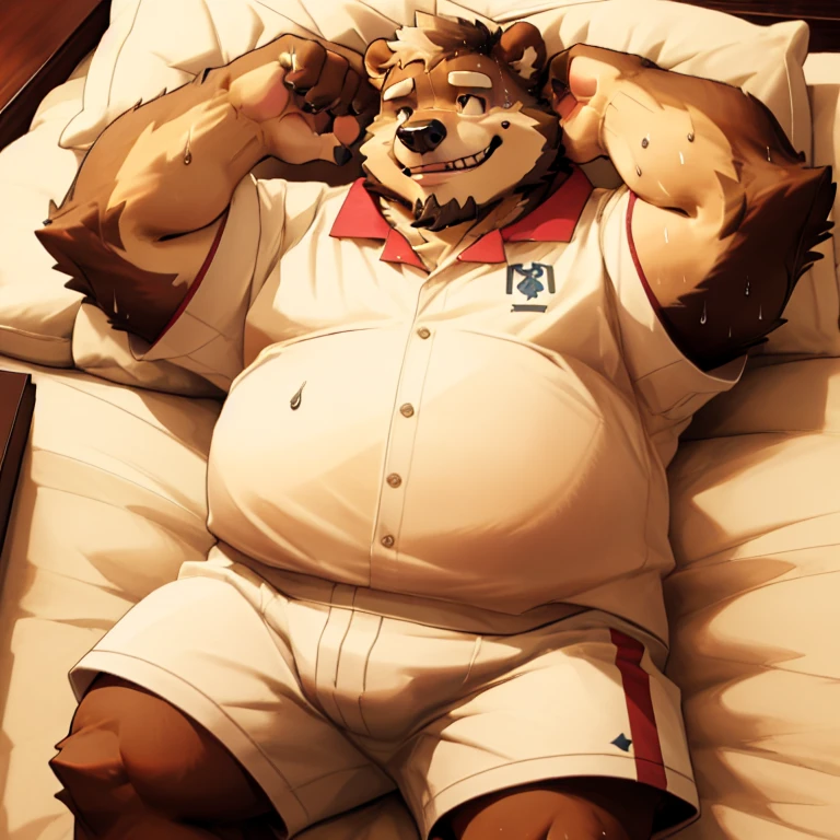 New Jersey 5 Hairy, Bear，full body portrait, male,exquisite， chubby，thick arms，plush fur，front，luxury bed，lie down，Red striped short-sleeved shirt，white shorts，sweating，Smile