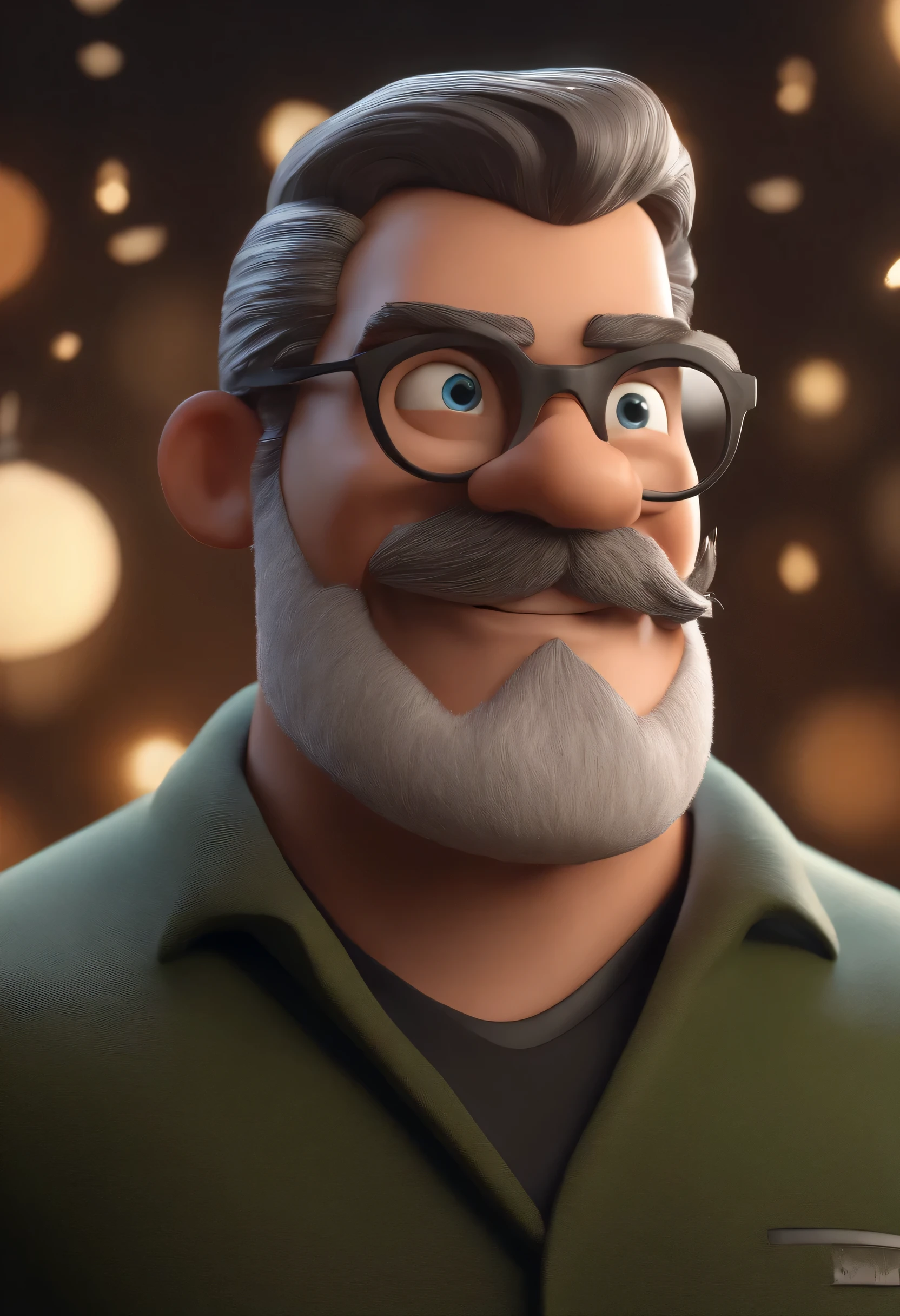 Cartoon character of a man with black glasses and a black polo shirt, cabelo liso, With a beard and old school tattoo on his arm, animation character, Caractere estilizado, animation style rendering, 3D estilizado, Arnold Maya rendering, Stylized 3D rendering, toon render screenshot, Personagem 3D, Personagem 3D, Stylized 3D rendering, 3D character rendering, personagem de desenho animado, Personagem de close up, Pose de personagem, (Estilo Pixar) (parte mestre:1.2) (Bokeh) (Melhor qualidade) (pele detalhada) (textura detalhada) (8k) (argila) (cinematic lighting) (sharp focus