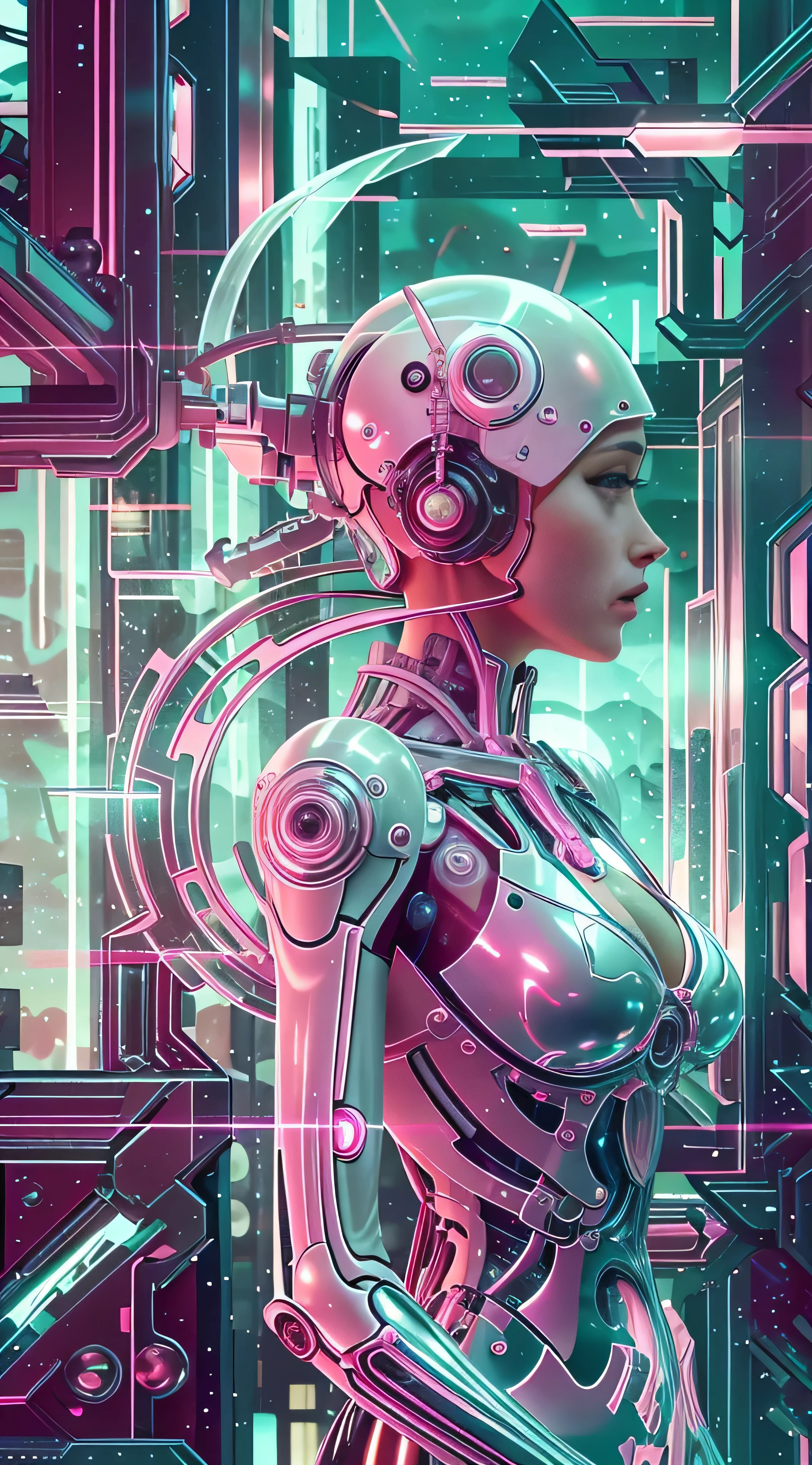 Translucent mysterious mechanical girl，futuristic girl，mechanical joint，futuristic city background，model shooting style, (Highly detailed CG Unity 8K wallpaper), abstract stylized beauty,，surrealism, 8K, Super detailed, highest quality, Award history, anatomically correct, 16k, Super detailed, pink,