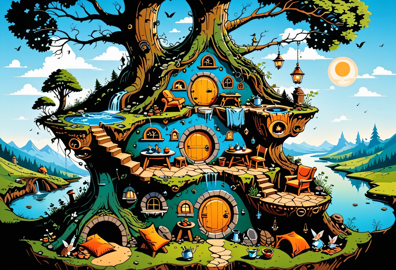 A complex picture of vector graphics, a surreal image of a cross-section of the earth with a large fairy-tale hole in which hobbits live, normally warm and cozy, clean decoration, a fictional fairy-tale atmosphere, a samovar, tea, pies, and above the bunk the earth is covered with forest and mosses, vector graphics, high resolution, clear contours, colorful gradients, high detailed, ultra-detailed