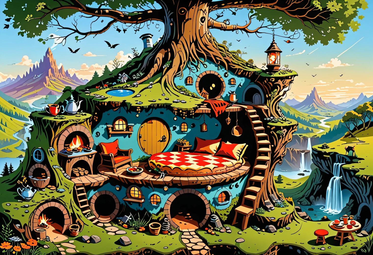 A complex picture of vector graphics, a surreal image of a cross-section of the earth with a large fairy-tale hole in which hobbits live, normally warm and cozy, clean decoration, a fictional fairy-tale atmosphere, a samovar, tea, pies, and above the bunk the earth is covered with forest and mosses, vector graphics, high resolution, clear contours, colorful gradients, high detailed, ultra-detailed