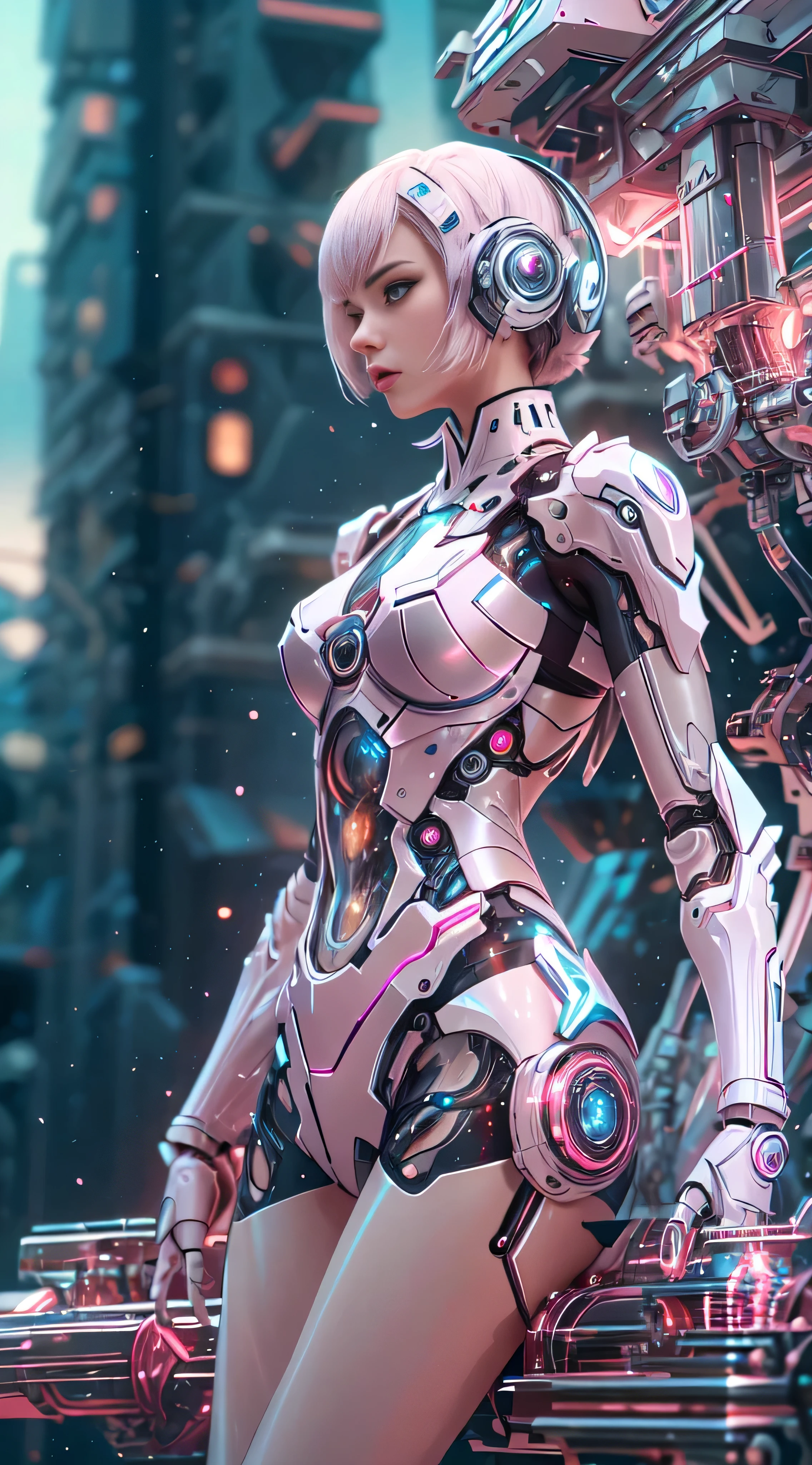 Translucent mysterious mechanical girl,futuristic girl,mechanical joint,futuristic city background,model shooting style, (Highly detailed CG Unity 8K wallpaper), abstract stylized beauty,,surrealism, 8K, Super detailed, highest quality, Award history, anatomically correct, 16k, Super detailed, pink,
