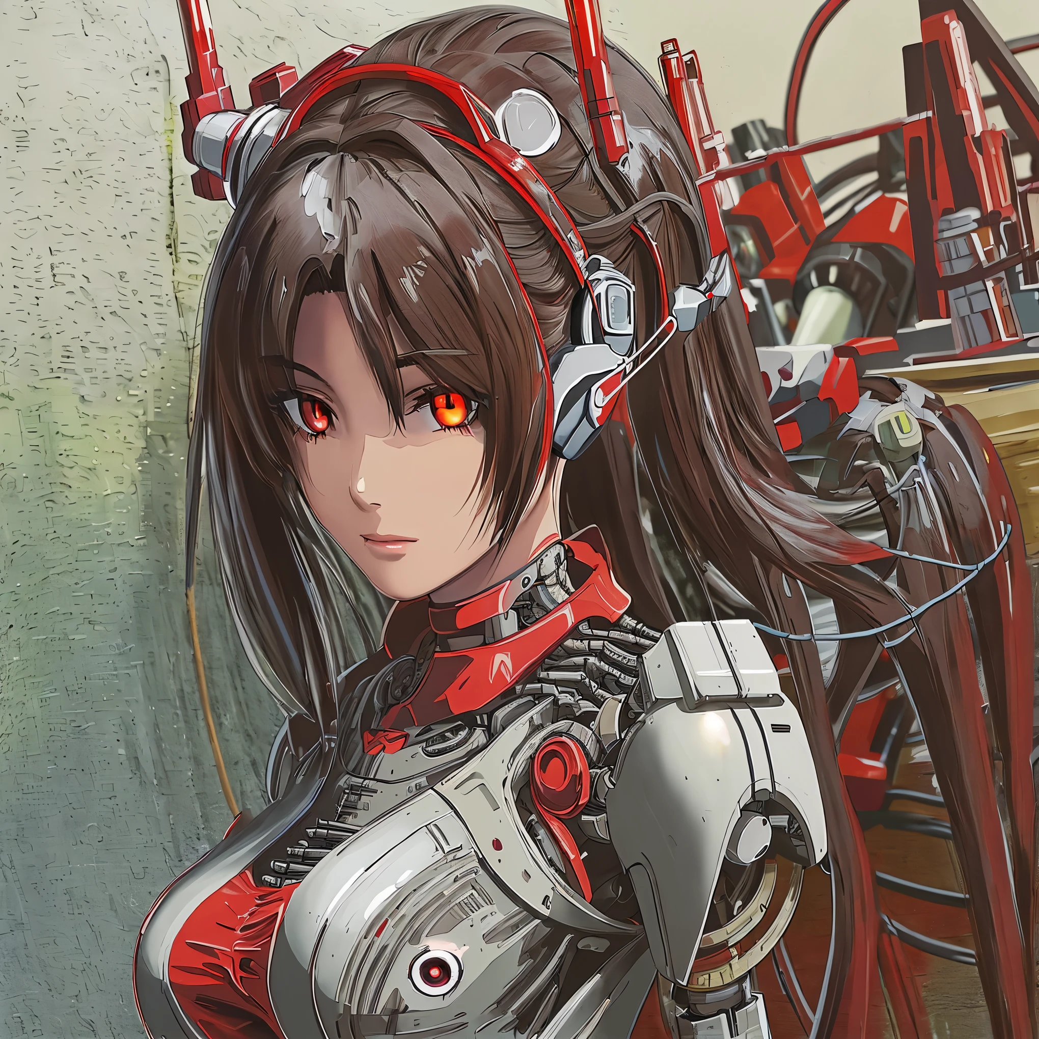 ((Cyber Headphones:1.3))、((mechanical headgear:1.3))、highest quality、masterpiece、intricate details、super detailed、very detailed8K壁紙、mechanical girl、(machine eyes)、In production、Semi-completed machine body、mechanical limbs、Full body Esbian、(取り外したmechanical limbs)、The lower body is completely mechanized、robot arm for work、cable connected to head、Cable connected to the main unit、electronic circuit、factory、masterpiece、highest quality、super detailed、very detailedイラスト、very detailed、intricate details、High resolution、超intricate details、Hvery detailed 8k CG wallpapers、Full android girl、The color of the costume is gray、No sleeve, ((mai shiranui:1.3)), bare shoulders, brown hair, long and high ponytail, hair band, 1 person、 Full Robot Woman, perfect mechanical eye, perfect face, No expression、((Beautifully shining red mechanical eyes:1.6))、jewelry, See-through, looking at the viewer, hair ornamentechanical headgear:1.5)))、cyborg ninja, kunoichi, Mistress assassin robot,
(table top, highest qualityの, highest quality, beautiful and aesthetic: 1.2), very detailed, more detailed,proper body proportions,table top,Super high quality output image,High resolution,intricate details,very delicate and beautiful hair,realistic pictures,dream-like,professional lighting,realistic shadow,focus only,
Anime one