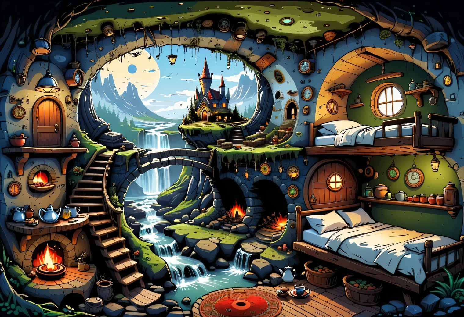 A complex picture of vector graphics, a surreal image of a cross-section of the earth with a large fairy-tale hole in which hobbits live, normally warm and cozy, clean decoration, a fictional fairy-tale atmosphere, a samovar, tea, pies, and above the bunk the earth is covered with forest and mosses, vector graphics, high resolution, clear contours, colorful gradients, high detailed, ultra-detailed