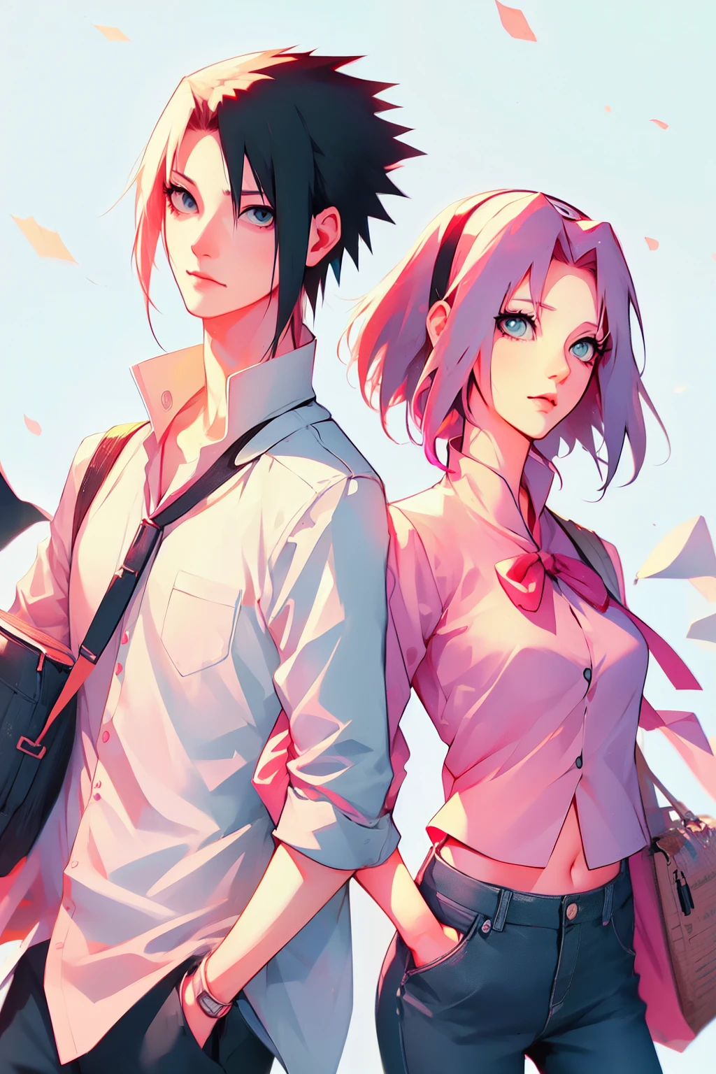 sasusaku. Sasuke Uchiha, tall man with black hair, wearing a white blouse and jeans, , hands in his pockets. Sakura, a thin woman with pink hair, she is after Sasuke, she is a rebel. best quality, adorable, ultra-detailed, illustration, complex, detailed, extremely detailed, detailed face, soft light, soft focus, perfect face, beautiful and accurate anatomy. looking at the viewer