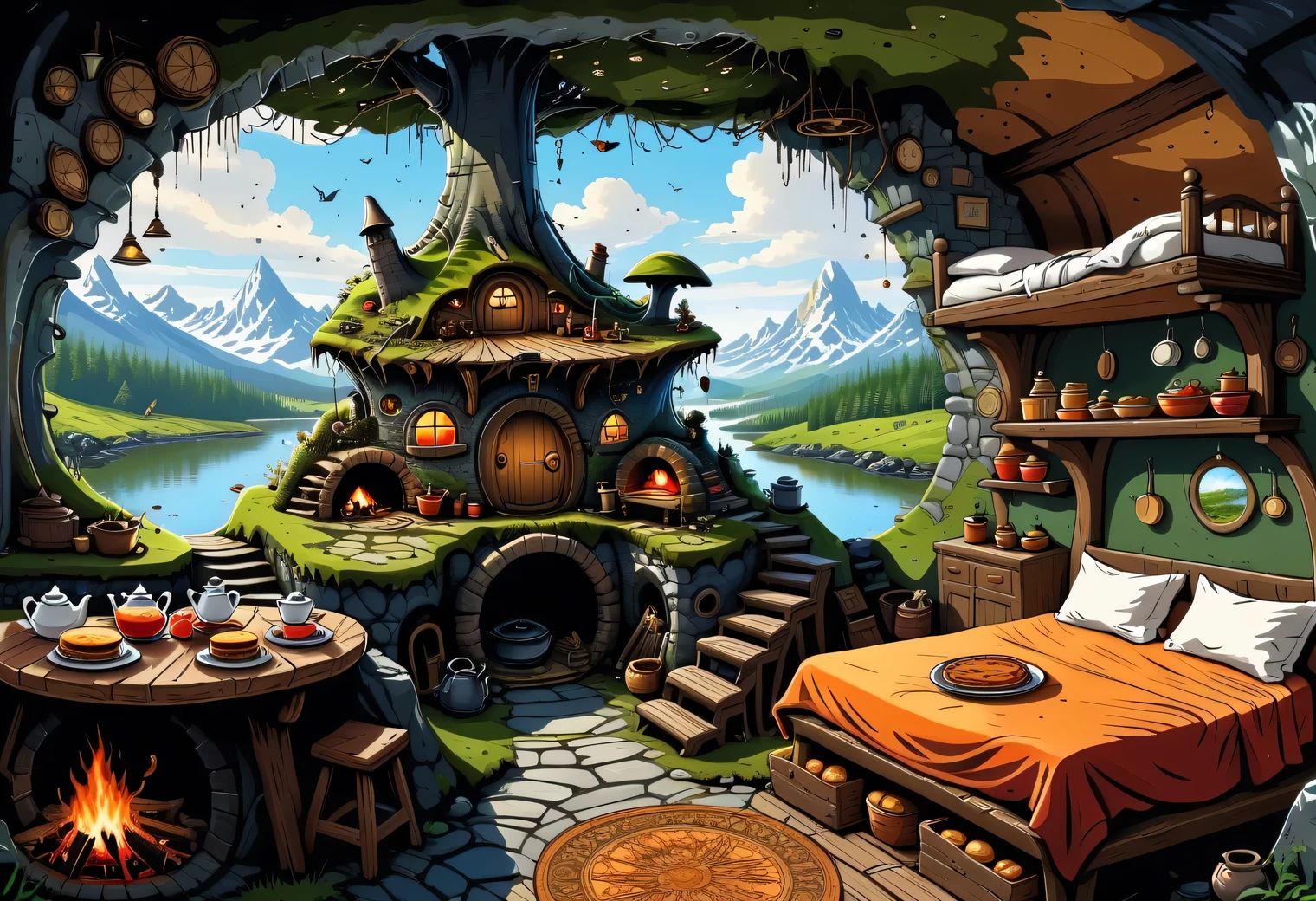 A complex picture of vector graphics, a surreal image of a cross-section of the earth with a large fairy-tale hole in which hobbits live, normally warm and cozy, clean decoration, a fictional fairy-tale atmosphere, a samovar, tea, pies, and above the bunk the earth is covered with forest and mosses, vector graphics, high resolution, clear contours, colorful gradients, high detailed, ultra-detailed