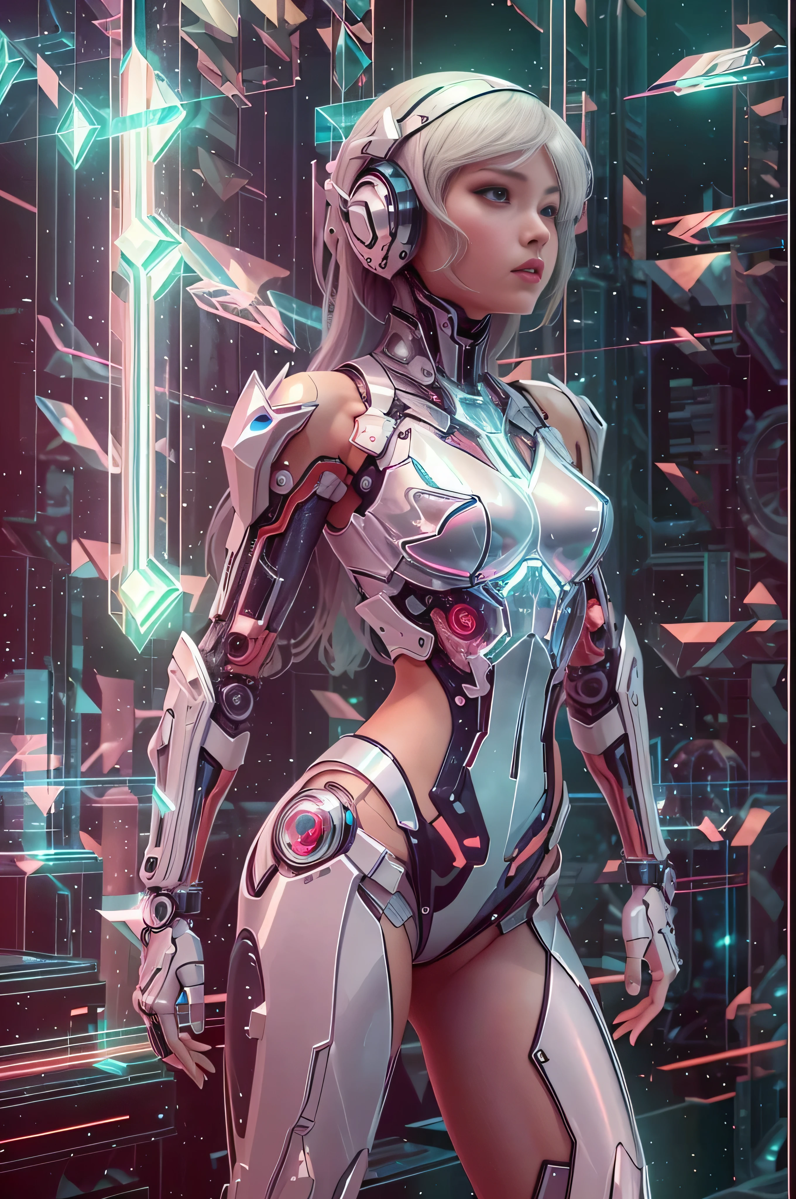 Translucent mysterious mechanical girl,futuristic girl,14 years old, mechanical joint,futuristic city background,model shooting style, (Highly detailed CG Unity 8K wallpaper), abstract stylized beauty,light reflection,surrealism, 8K, Super detailed, highest quality, Award history, anatomically correct, 16k, Super detailed, pink,