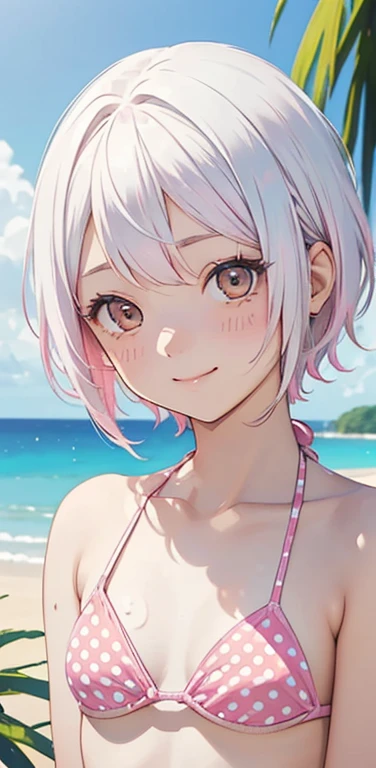 Realistic、1girl、(happy smile:1.3),(cute face:1.5),(tareme:1.3),(white hair pink hair hair gradient hair:1.3),(yellow eyes)、()、(kind eyes:1.3)、(stand),(short hair),( portrait:1.3,face focus:1.3,upper body),(white polka dot bikini:1.3)、(small breasts),(midsummer beach:1.3)