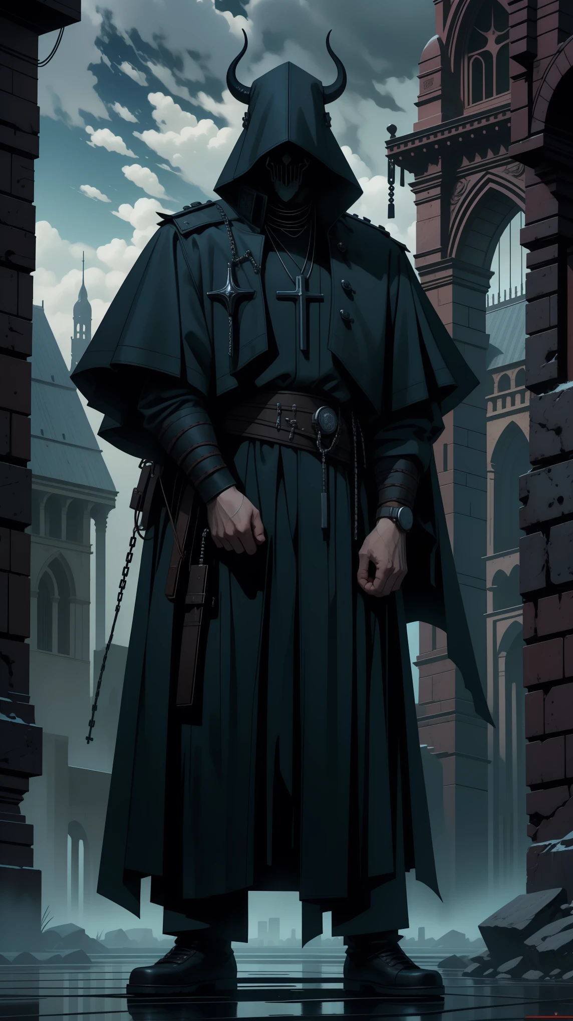 demon hunter, equipped with two pistols, with a large hat that partially covers his face, a masculine and battle-hardened man, wearing a long black trench coat, symbols of protection all over his body, purple glasses, pendants on his neck, rosary religious, ruthless and professional, work boots and an old watch in a pocket, in the background a city with a bell tower where the bells ring, dark atmosphere, 3d illustration, high quality, realistic and highly detailed, a masterpiece,Physically based representation,sosteniendo el arma con ambas manos,apuntar a ti