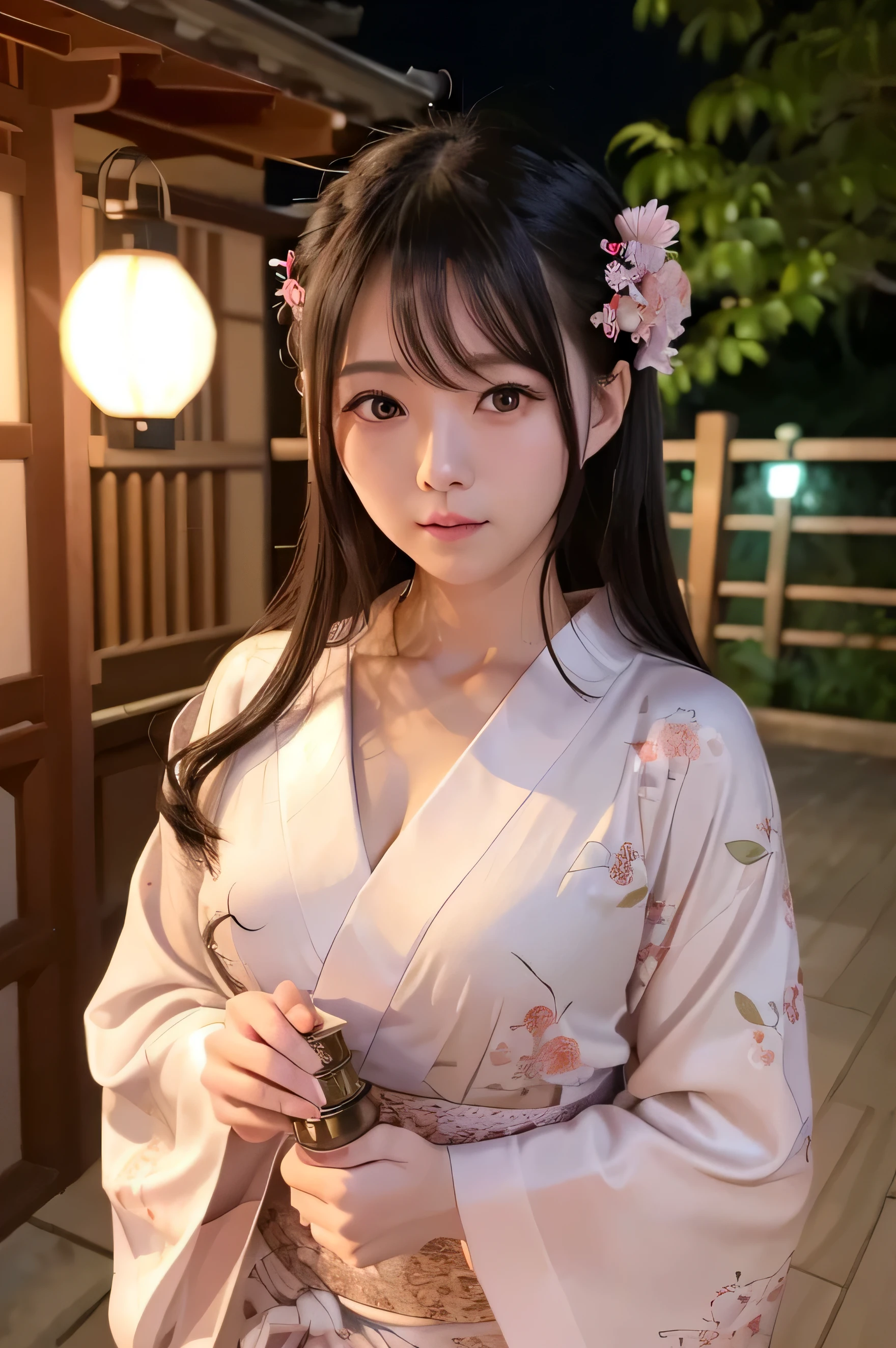 8k、RAW photo、highest quality、masterpiece:1.2)、High-definition RAW color photo、professional photos、shrine at night、Japanese、Beautiful woman、luxurious hair ornament、holding a lantern、(genuine、Photo geneuine:1.37)(((highest quality))),25 year old woman,cinematic light,(final details face:1.2)(masterpiece:1.2),(highest quality:1.2), (yukata: 1.2))