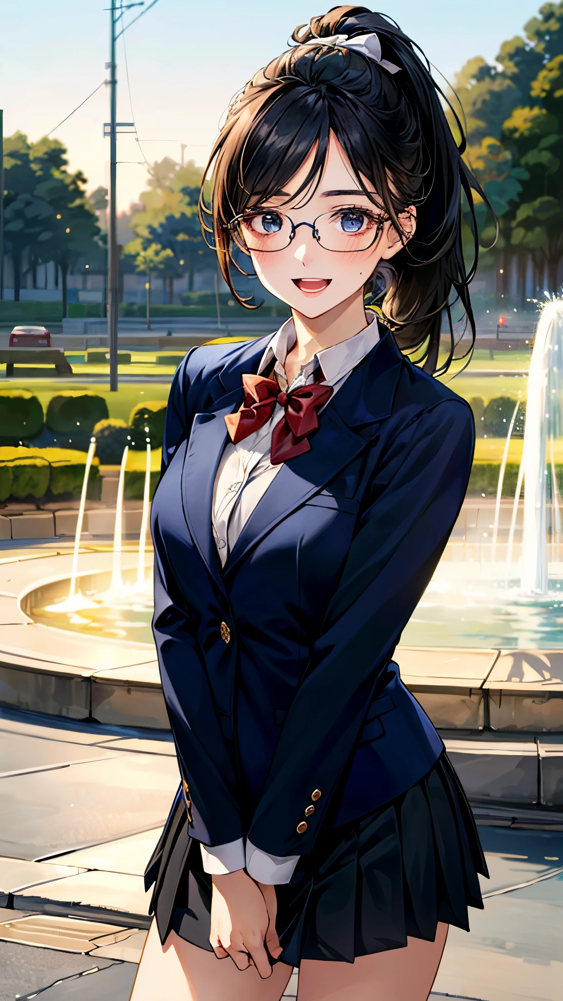 (masterpiece:1.3, top-quality), ultra high res, ultra detailed, (realistic, photorealistic:1.4), beautiful illustration, perfect lighting, natural lighting, colorful, depth of fields,
beautiful detailed hair, beautiful detailed face, beautiful detailed eyes, beautiful clavicle, beautiful body, beautiful chest, beautiful thigh, beautiful legs, beautiful fingers,
looking at viewer, 1 girl, high school girl, perfect face, (perfect anatomy, anatomically correct), cute and symmetrical face, face, , shiny skin,
(long hair, ponytail, black hair), parted bangs, , dark blue eyes, drooping eyes, big eyes, long eye lasher, (medium breasts), slender,
(((navy) blazer, collared white shirt, navy pleated skirt, dark red bow tie)), navy school socks, (blue frame) glasses,
(beautiful scenery), evening, (park, fountain), standing, hand between legs, (lovely smile, open mouth),