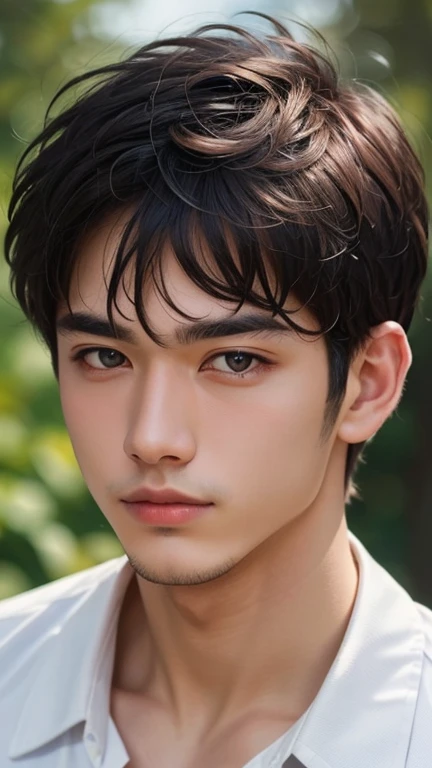((best quality)), ((masterpiece)), (detailed), perfect face, 1 boy, black hair boy, short hair. Hazel eyes.