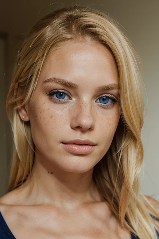 A pretty blonde model aged 28 with blue eyes and a few freckles. Very realistic