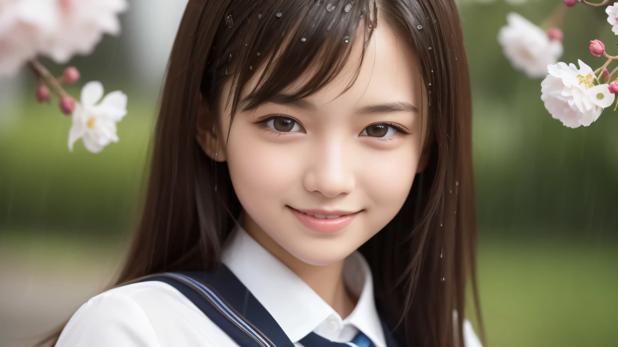 (1girl), (17yo), (young face:1.2), shy smile, (Best Quality:1.4), (Ultra-detailed), (extremely detailed beautiful face), Amazing face and eyes, brown eyes, (highly detailed Beautiful face), (high school uniform:1.2), (extremely detailed CG unified 8k wallpaper), Highly detailed, High-definition raw color photos, Professional Photography, Realistic portrait, Extremely high resolution, cute smiling, cherry blossoms, (rain:1.3) , wet, puddle