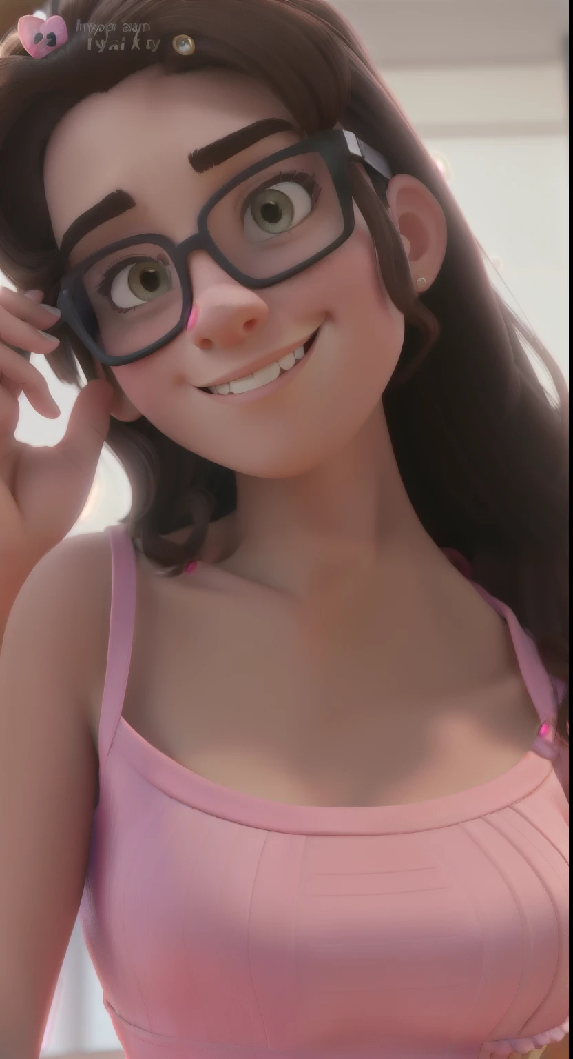 3d character, 8 years old girl, white skin with long straight black hair with a black eye color, thin nose, front position with a thin body, wearing glasses, an anime headband, full body and smiling., spread legs, sitting, nude body, ass, pussy