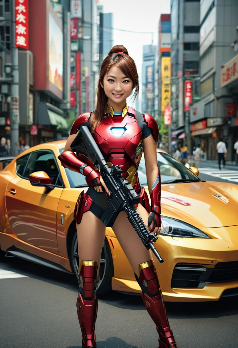 Asian theme, raw color photo, long photo, realistic, 21 year old solo woman, ponytail in the city, wearing an ironman costume. best quality, beautiful eyes, beautiful detailed and symmetrical facial details, medium body, full body, carrying a firearm. Super detailed, detailed rifle, smiling expression, realistic photo, lighting, afternoon, TOKYO city sitting in a sports car in the background. dynamic_color_range. HD quality, Hyperrealistic, cinematic.