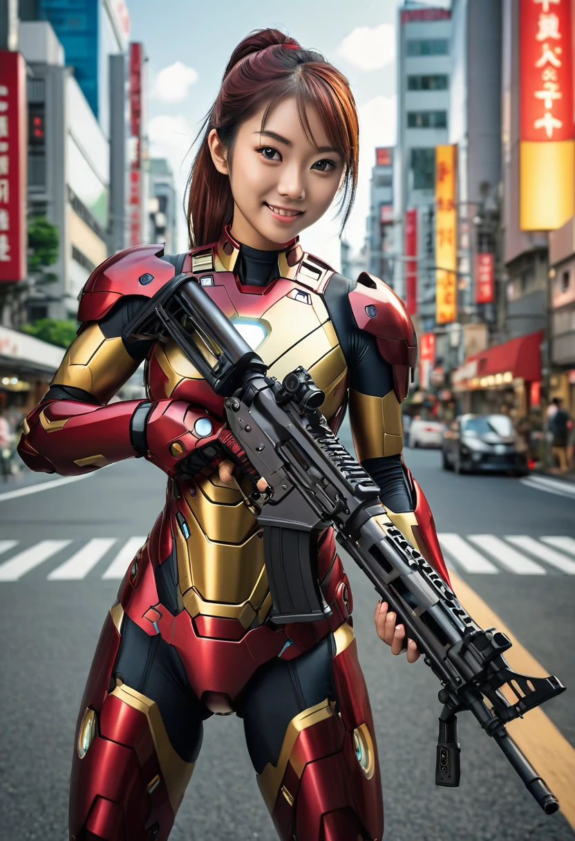 Asian theme, raw color photo, long photo, realistic, 21 year old solo woman, ponytail in the city, wearing an ironman costume. best quality, beautiful eyes, beautiful detailed and symmetrical facial details, medium body, full body, carrying a firearm. Super detailed, detailed rifle, smiling expression, realistic photo, lighting, afternoon, TOKYO city sitting in a sports car in the background. dynamic_color_range. HD quality, Hyperrealistic, cinematic.