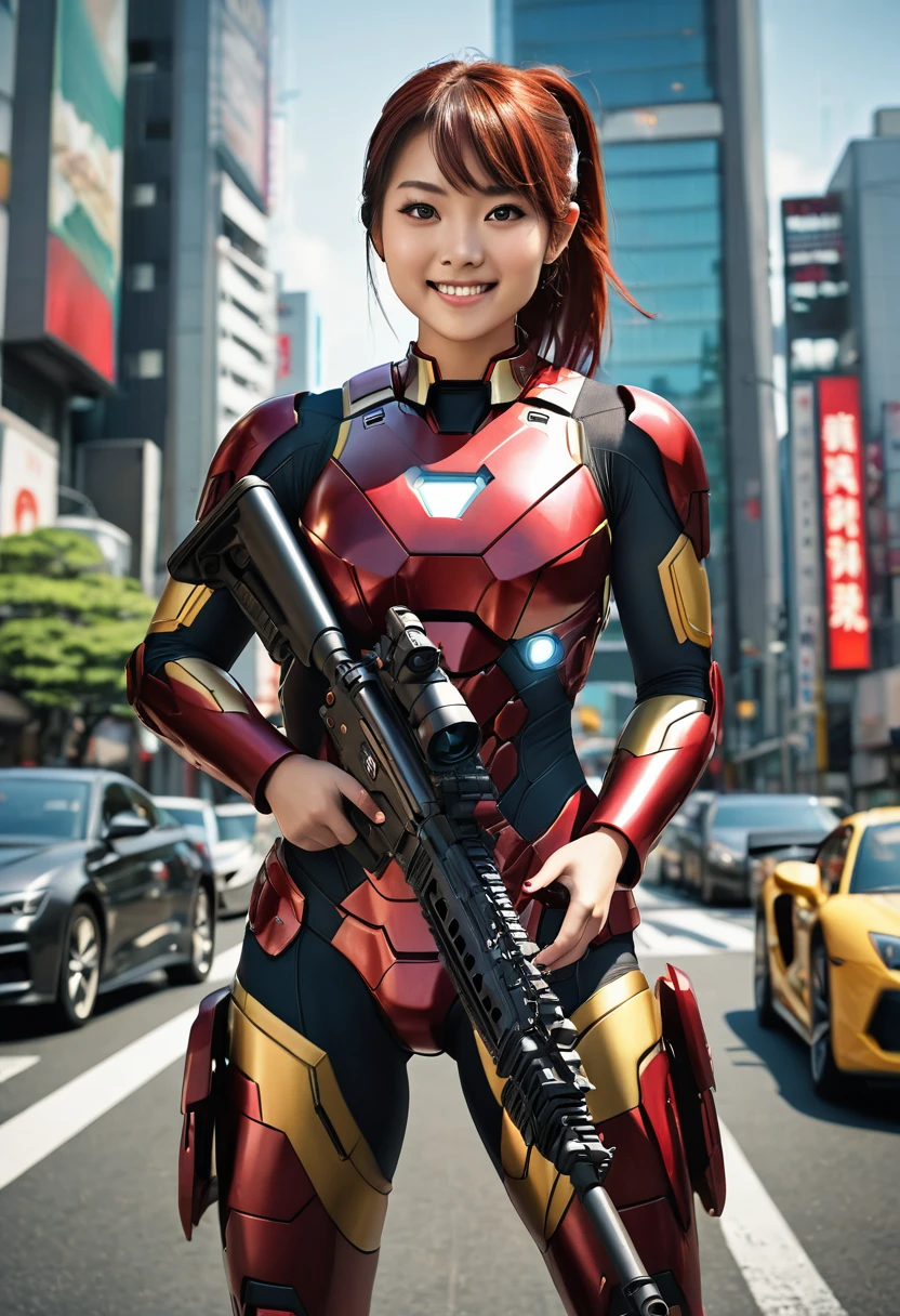 Asian theme, raw color photo, long photo, realistic, 21 year old solo woman, ponytail in the city, wearing an ironman costume. best quality, beautiful eyes, beautiful detailed and symmetrical facial details, medium body, full body, carrying a firearm. Super detailed, detailed rifle, smiling expression, realistic photo, lighting, afternoon, TOKYO city sitting in a sports car in the background. dynamic_color_range. HD quality, Hyperrealistic, cinematic.