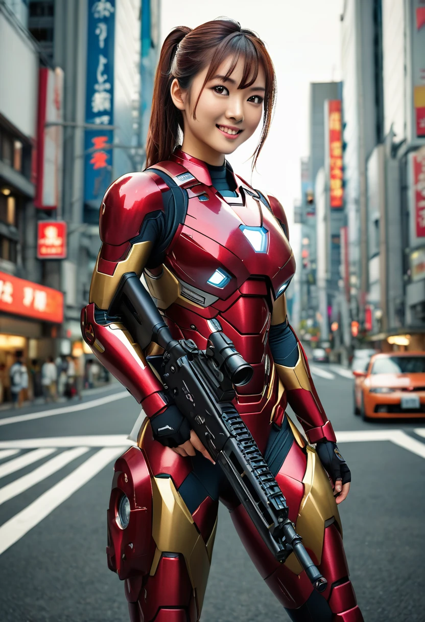 Asian theme, raw color photo, long photo, realistic, 21 year old solo woman, ponytail in the city, wearing an ironman costume. best quality, beautiful eyes, beautiful detailed and symmetrical facial details, medium body, full body, carrying a firearm. Super detailed, detailed rifle, smiling expression, realistic photo, lighting, afternoon, TOKYO city sitting in a sports car in the background. dynamic_color_range. HD quality, Hyperrealistic, cinematic.