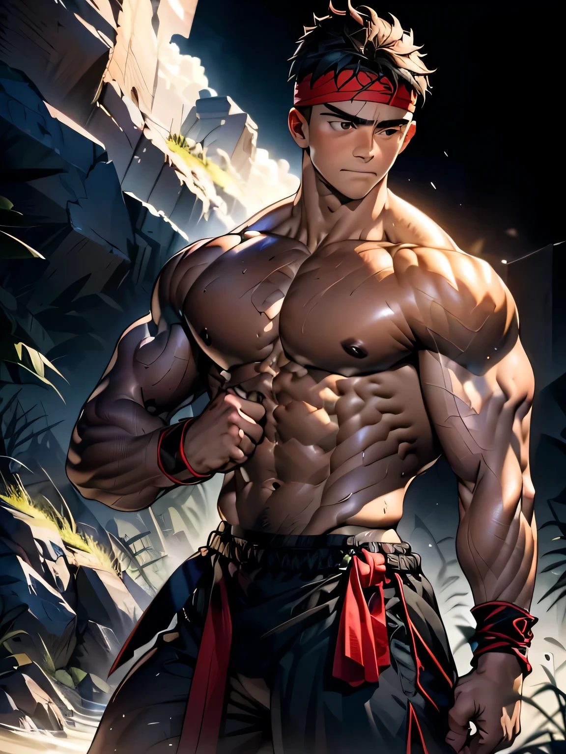 (Masterpiece, Best quality 18 year old boy, ((black background)), strong backlighting, cowboy shot, looking away), focus boy, solo, Young, boy, full bodyesbian, Shirtless, topless, (Dark Short straight hair, under cut, brown eyes), (torn cloth, red headband, ((black wristband))), Vivid colors, (hot Abs, big breast, chest muscle, upper arms), (topless male), closed mouth, serious, tight muscler body, Man with martial arts stance, (((epic martial arts pose))), (shimmering with latent power. Within a clearing), 