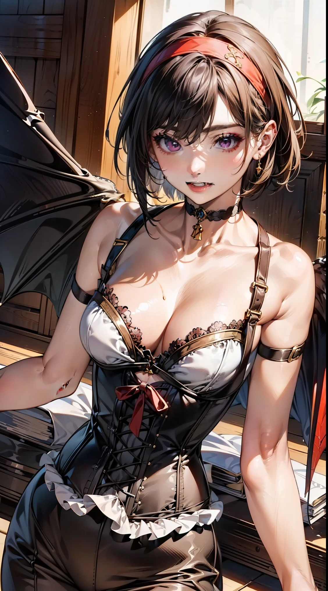 ((black short bob:1.8, red headband:1.4)), (Strongly shining purple eyes:1.6), beautiful, beautiful woman, perfect anatomy, perfect body, perfect breasts, ((A genie with a pair of demon wings spread out.:1.8, red and black clothes:1.6, white corset, choker:1.6)), dark forest:1.6, captivating gaze, bewitching smile, (2book fang:1.3), realism, masterpiece, rough skin , Super detailed, high detail, high quality, 最high quality, 1080p, 16k, (dark makeup:1.3)